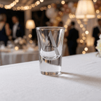 Clear shot glass with 'Avra' branding on a white tablecloth with blurred event background