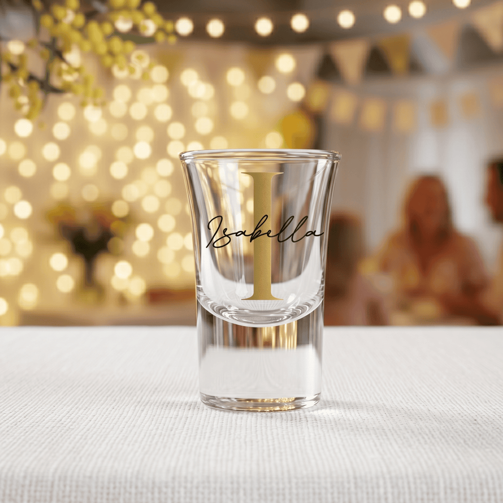 Clear shot glass with 'Babilla' branding on a table with a blurred festive background
