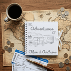 Album titled 'The Adventures of Chloe & Andrew' on a world map with coins and a cup of coffee.