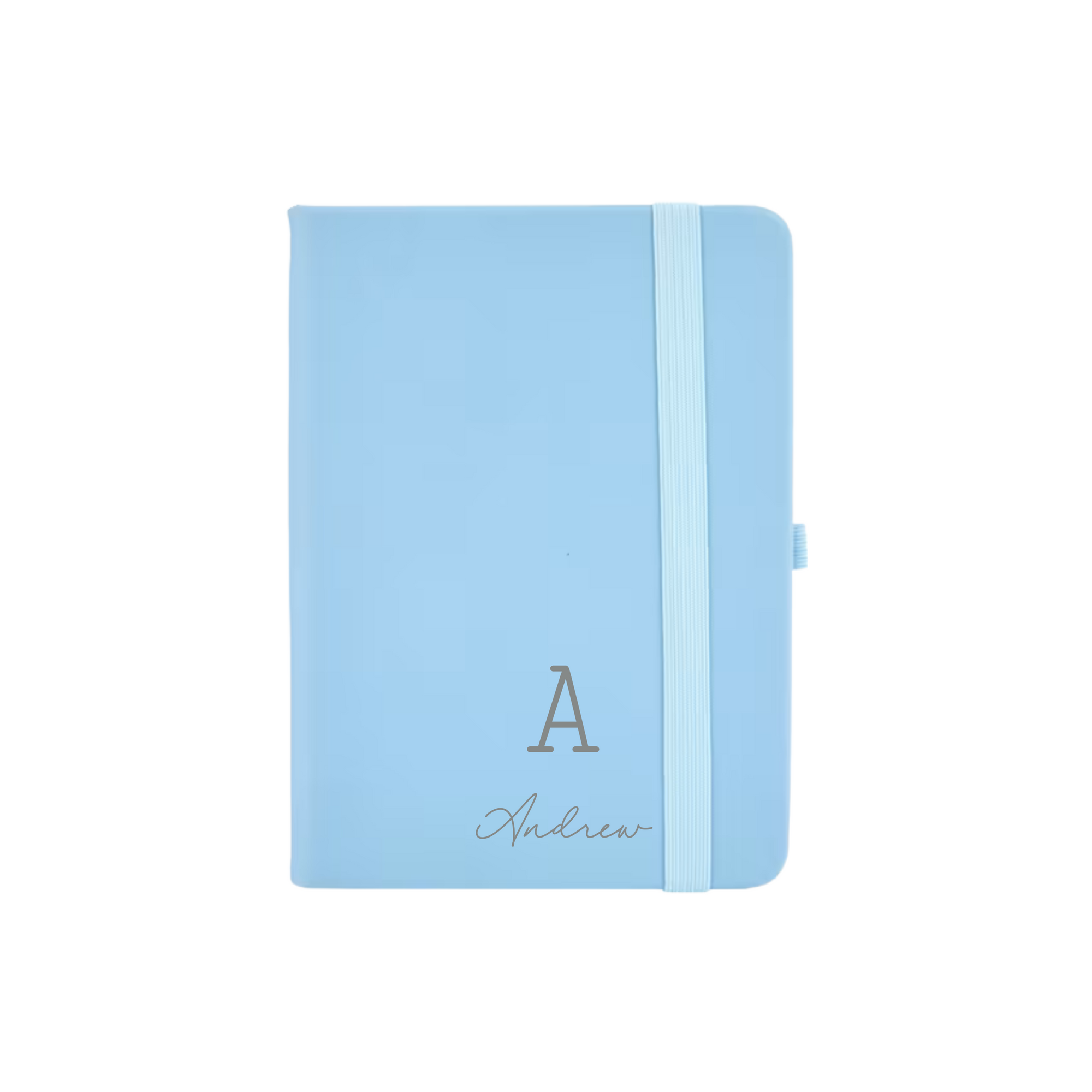 Light blue personalised A6 vegan leather notebook with initial A and name Andrew printed on the cover.