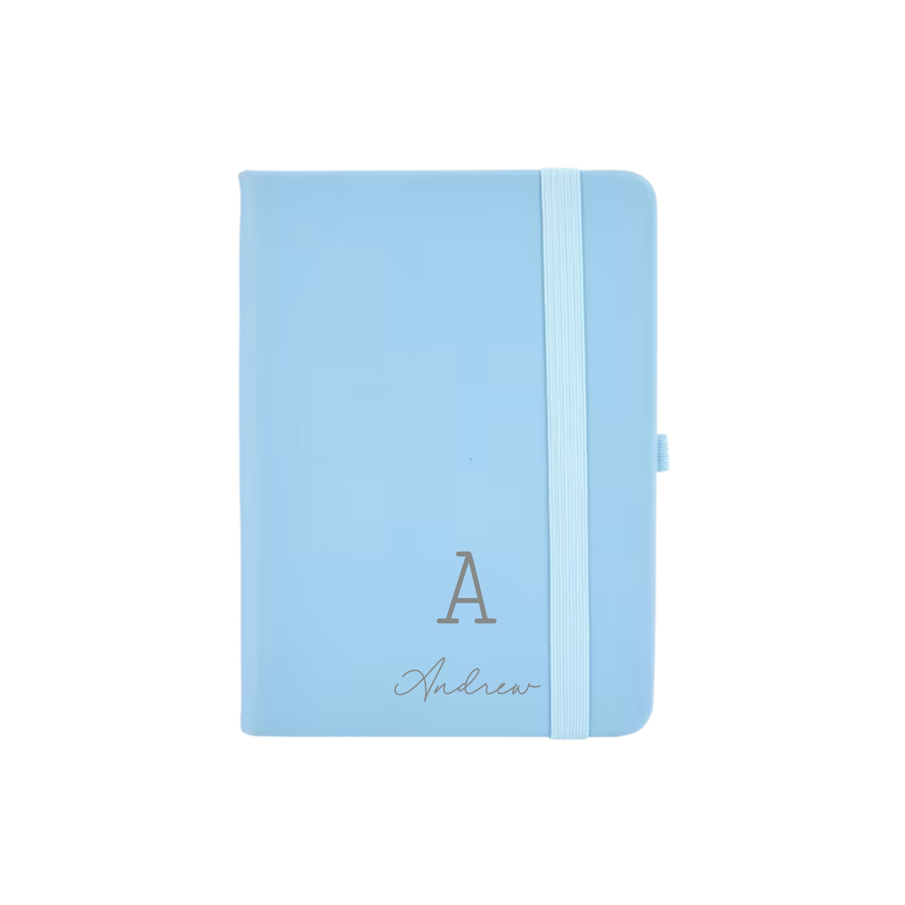 Light blue personalised A6 vegan leather notebook with initial A and name Andrew printed on the cover.