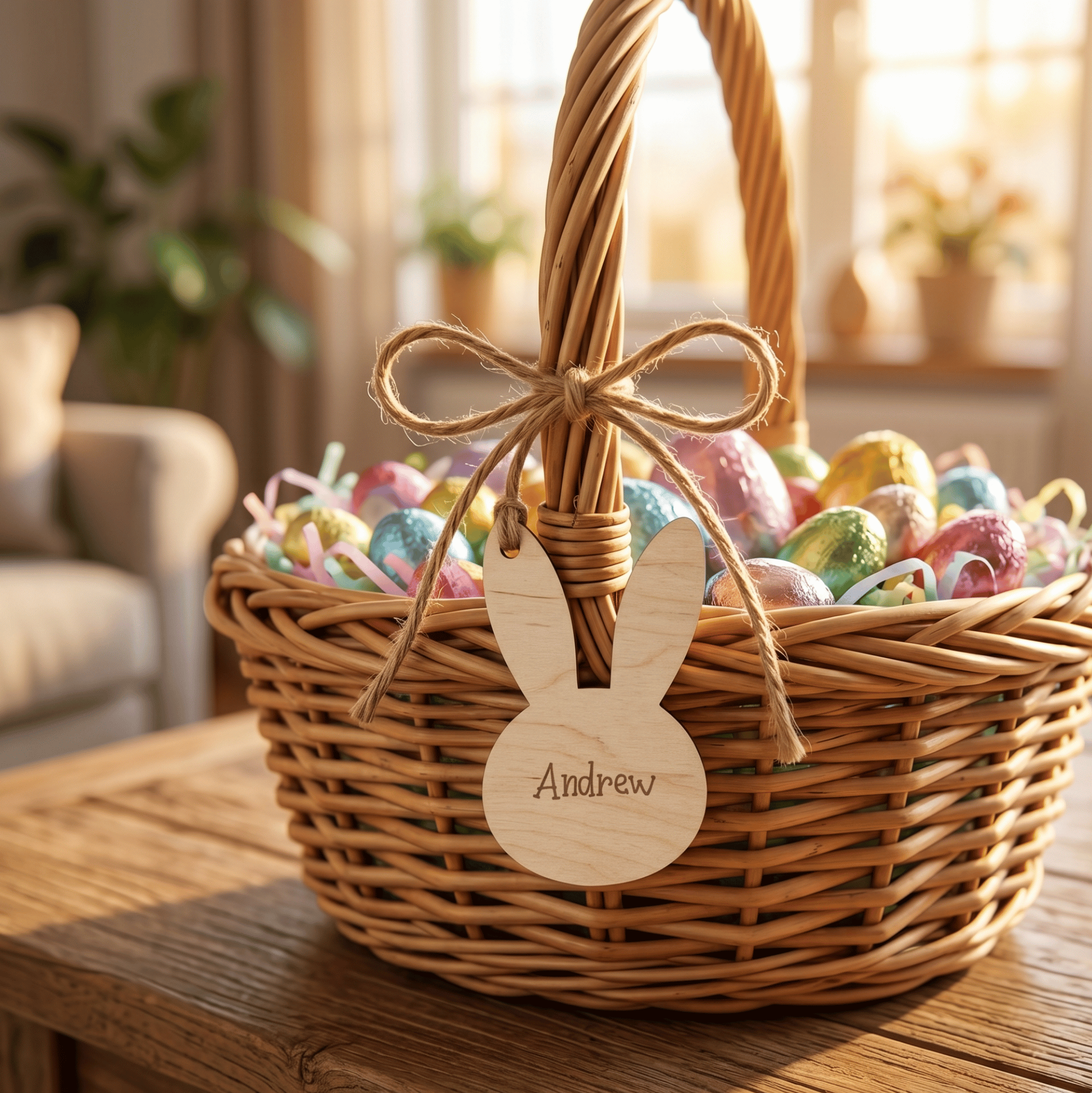 Wicker Easter basket with colorful eggs and a wooden tag on a wooden table.