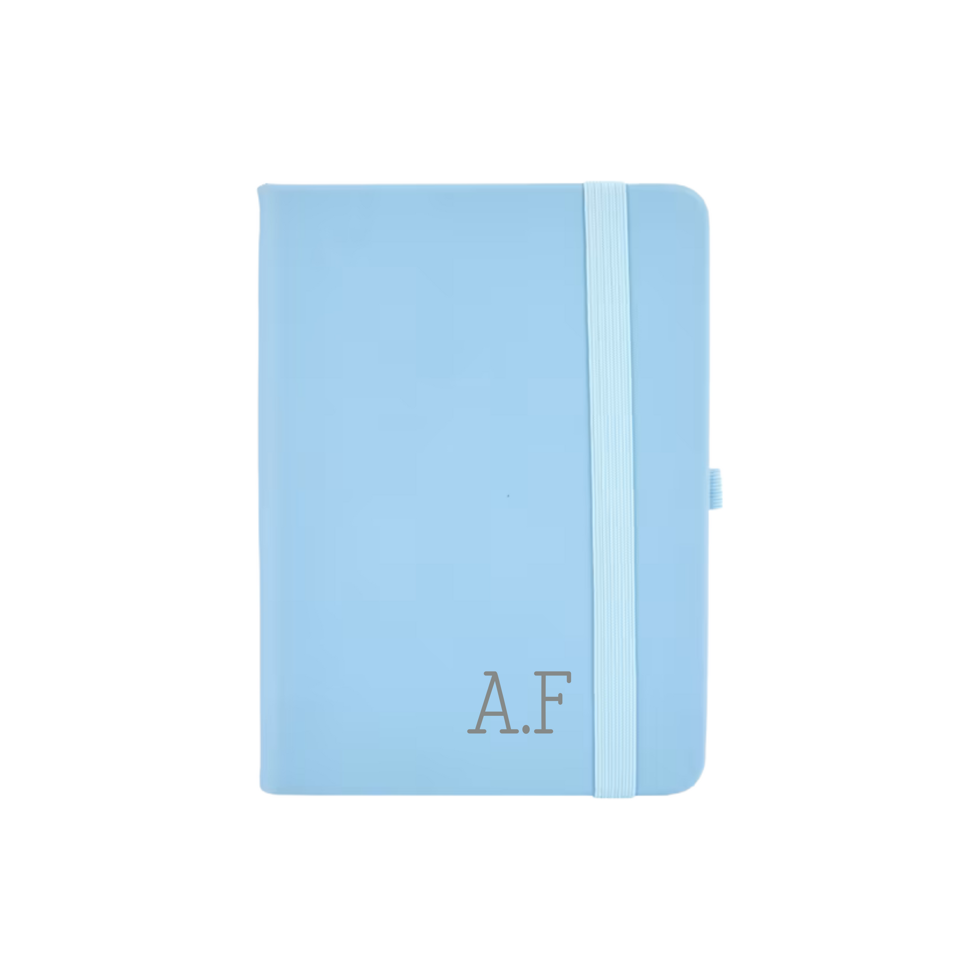 Personalised blue vegan leather A6 notebook featuring initials A.F printed in grey on the cover.