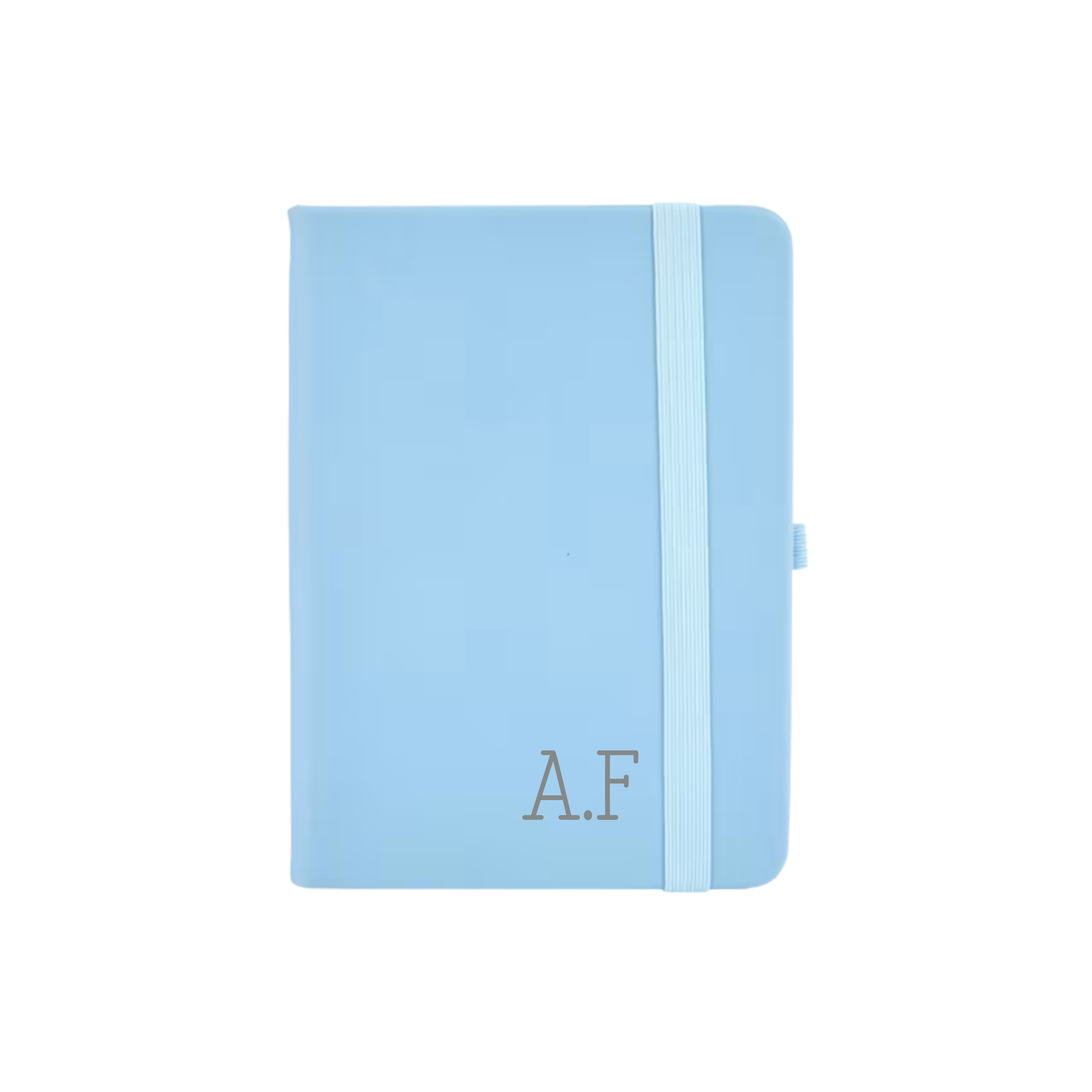 Personalised blue vegan leather A6 notebook featuring initials A.F printed in grey on the cover.