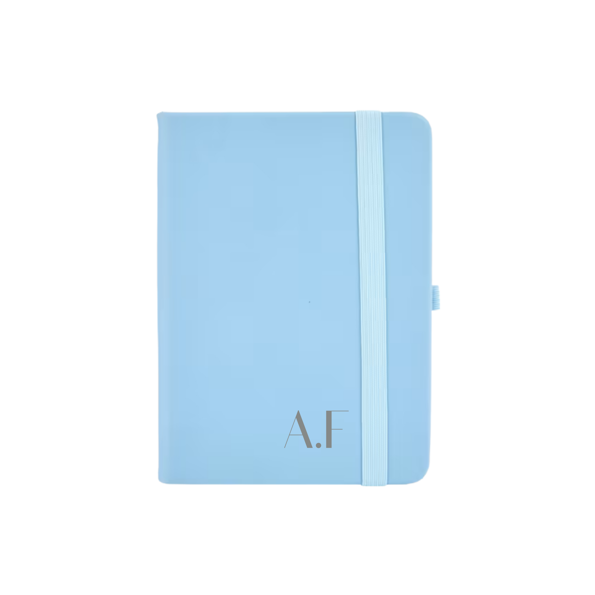 Personalised blue vegan leather A6 notebook featuring initials A.F printed in grey on the cover.