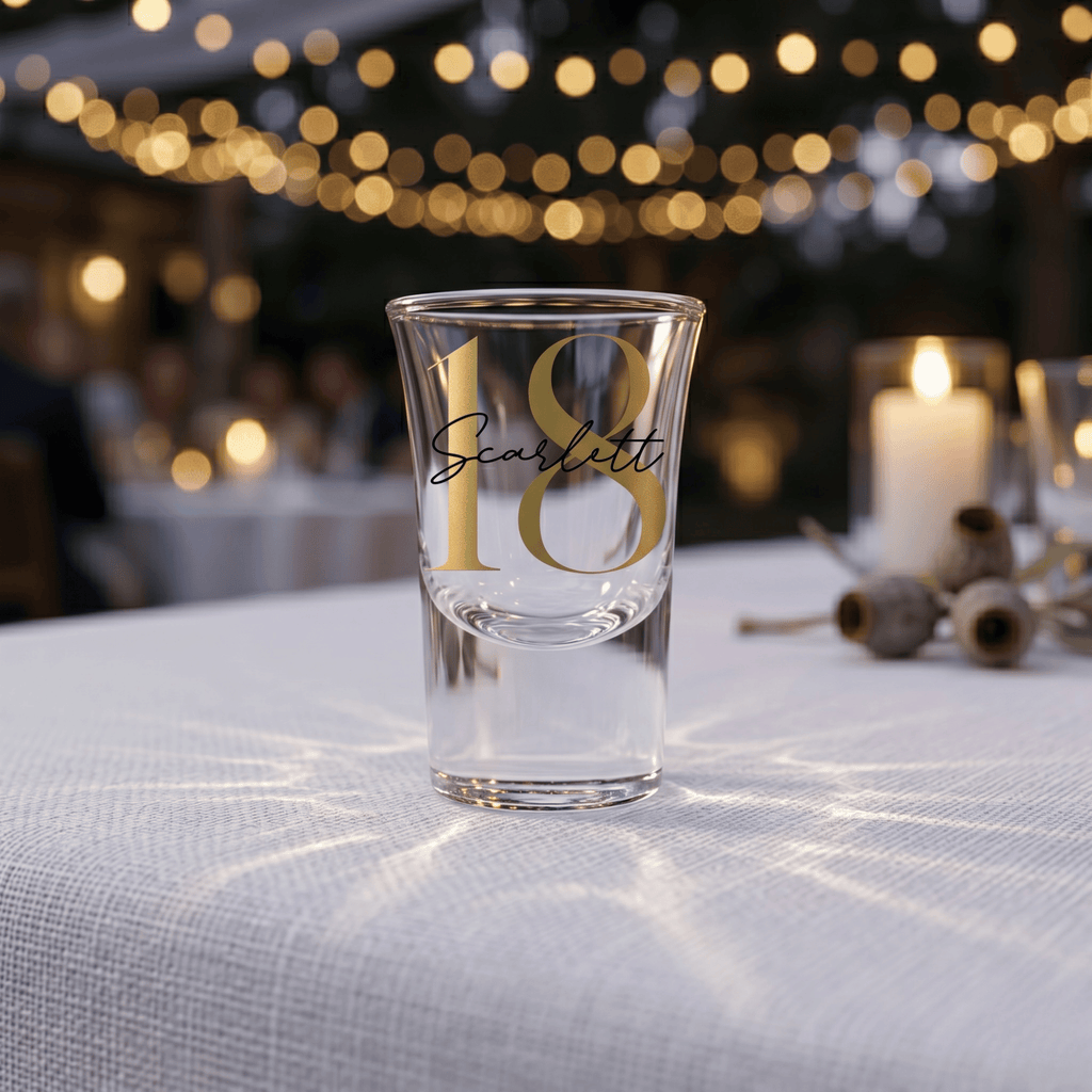Clear shot glass with gold text on a tablecloth with blurred lights in the background