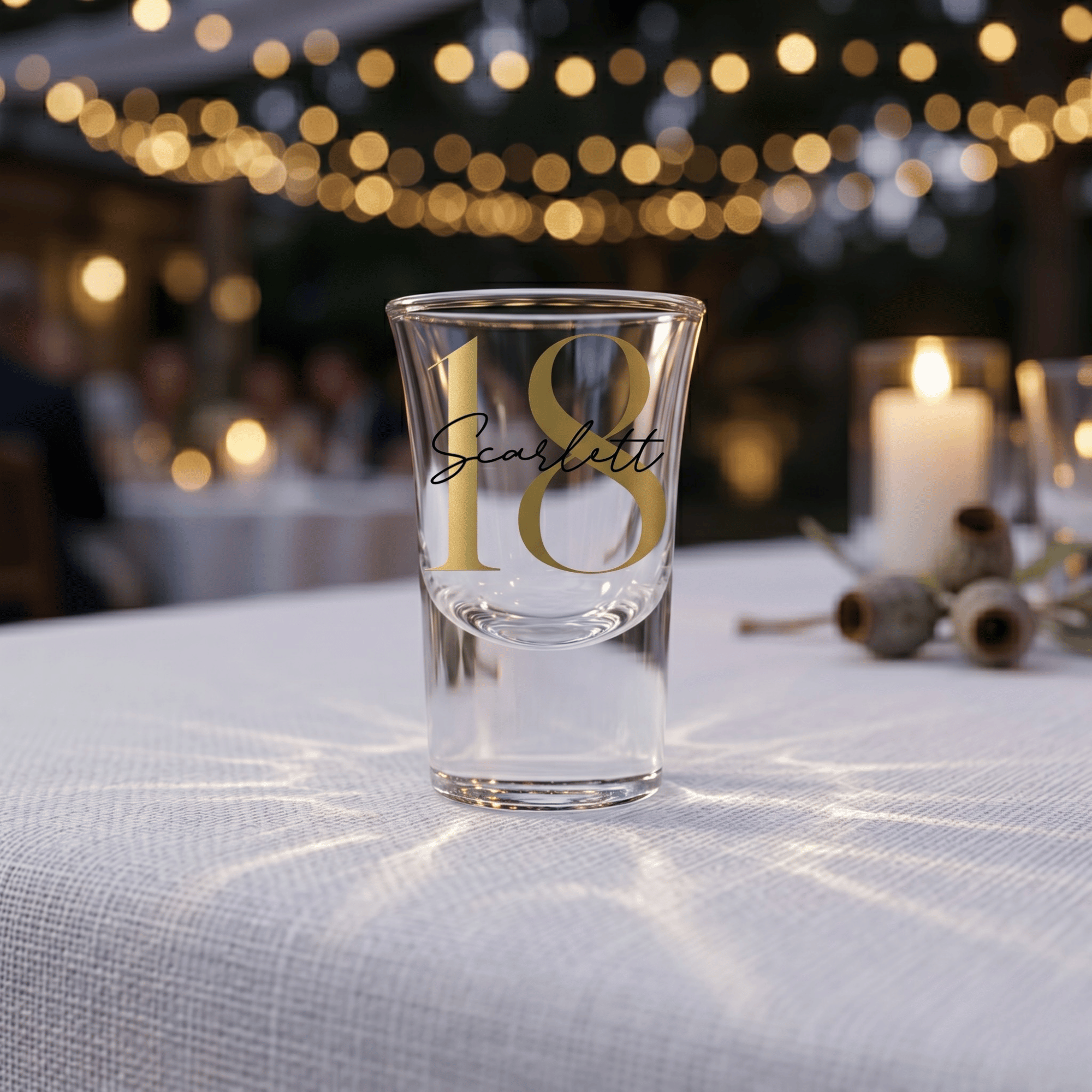 Clear shot glass with gold text on a tablecloth with blurred lights in the background