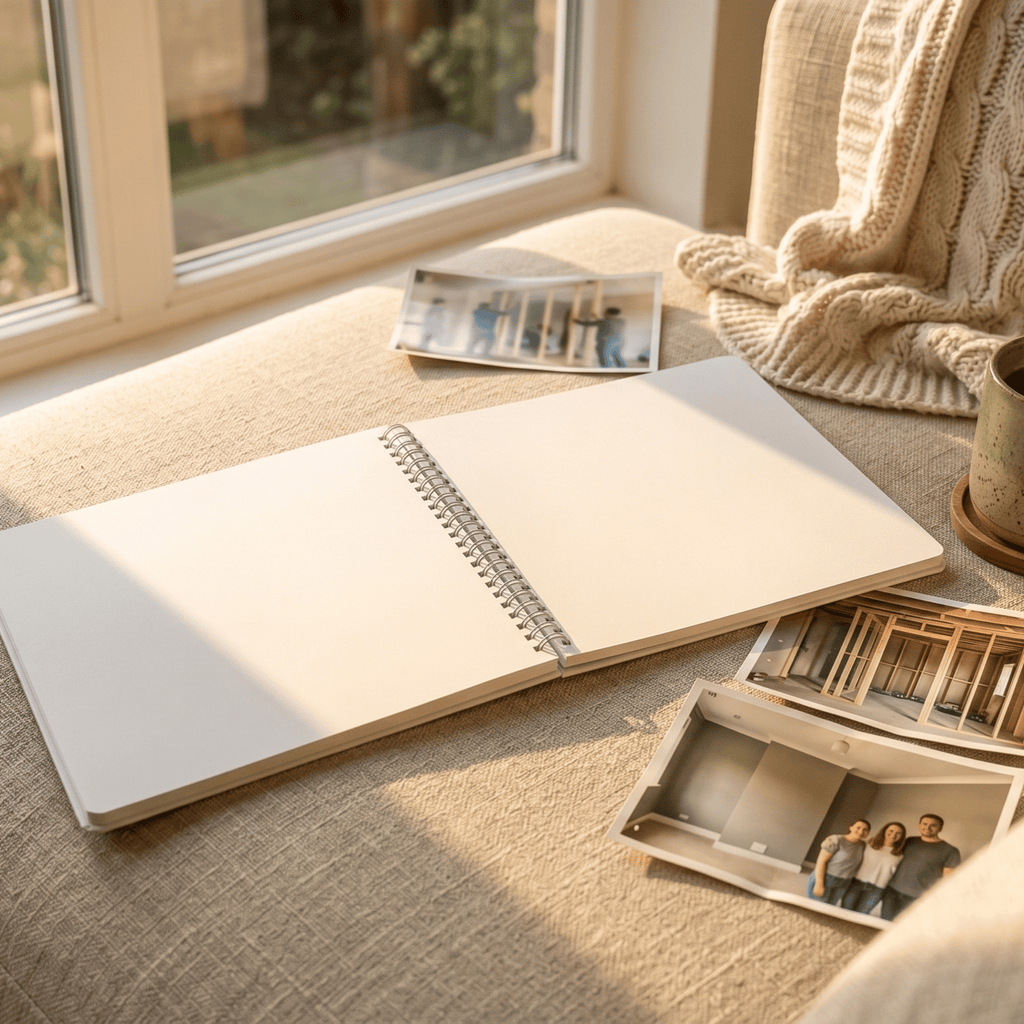 Open album on a surface with photos and a cozy blanket in the background