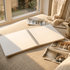 Open album on a surface with photos and a cozy blanket in the background