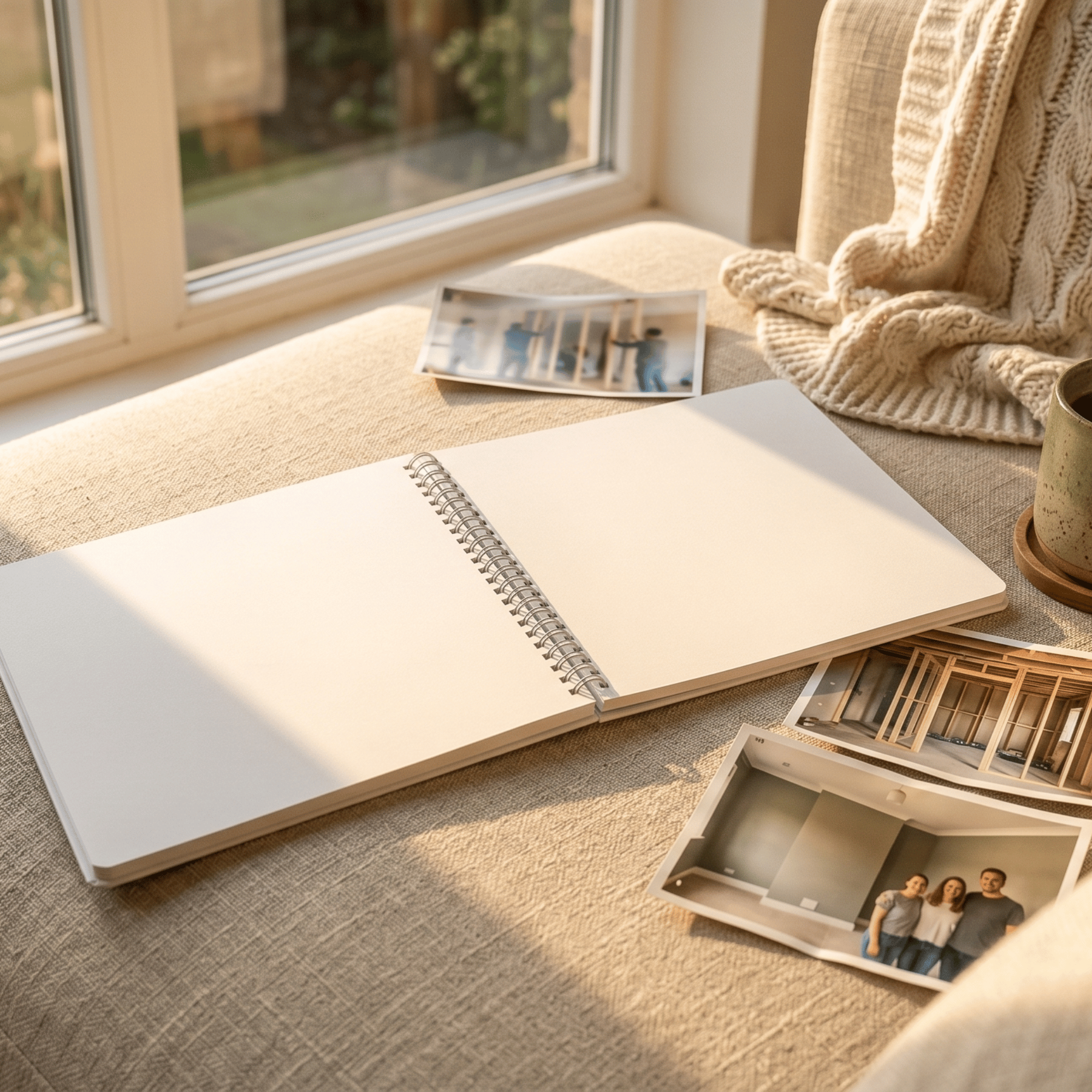 Open album on a surface with photos and a cozy blanket in the background