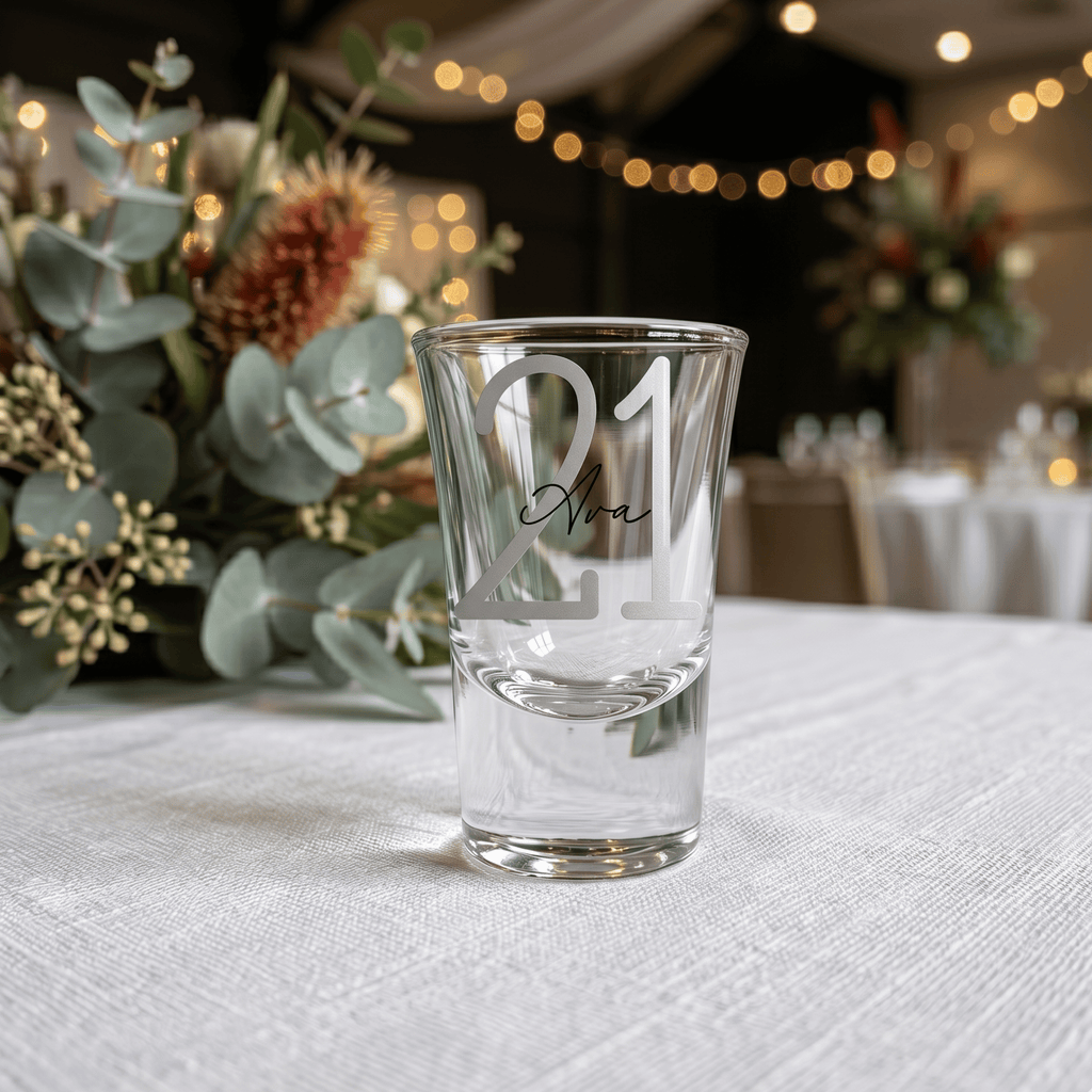 Clear shot glass with engraved text on a table with decorative flowers and blurred background