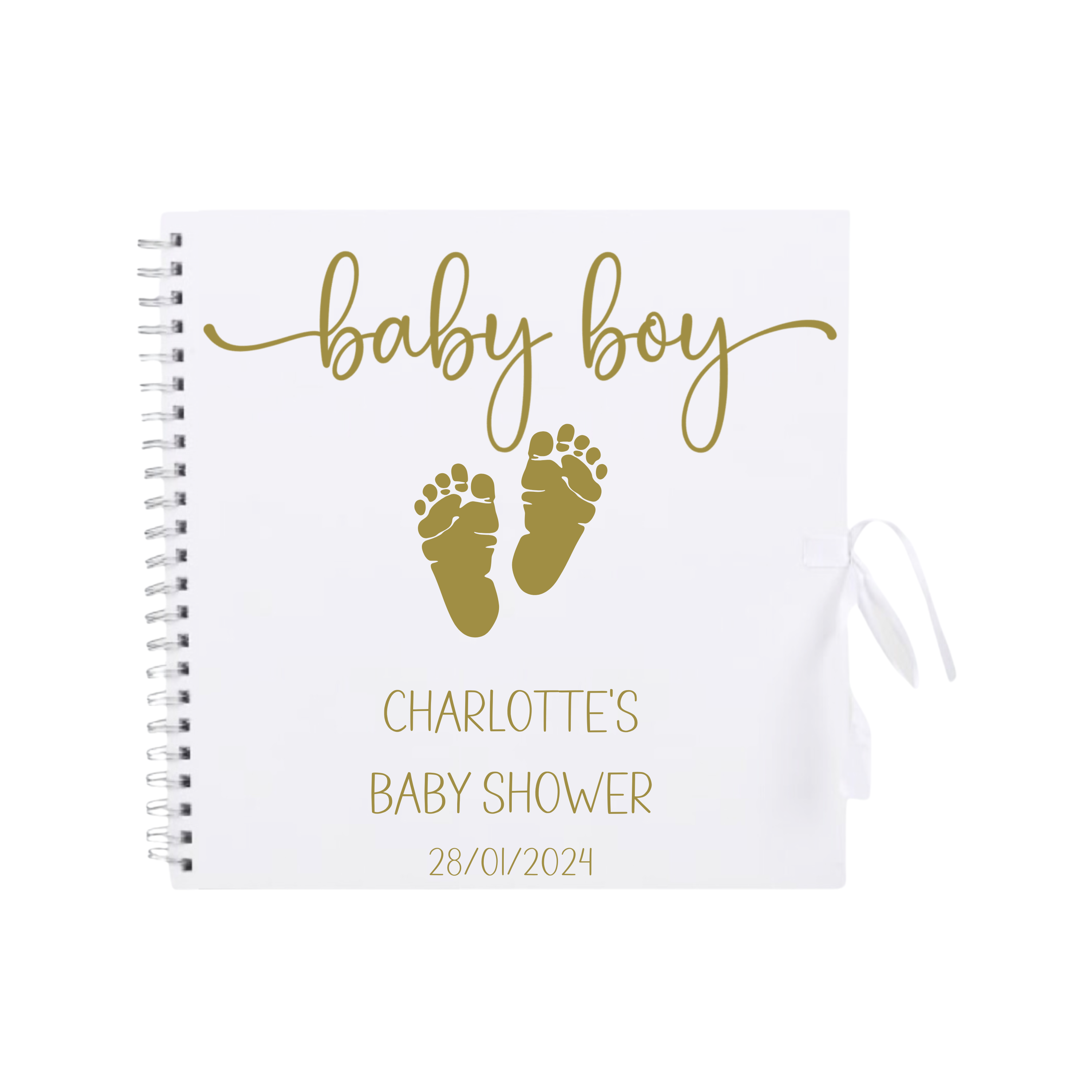 White baby shower scrapbook album with “baby boy” title and gold footprints – personalised keepsake for Charlotte’s event.