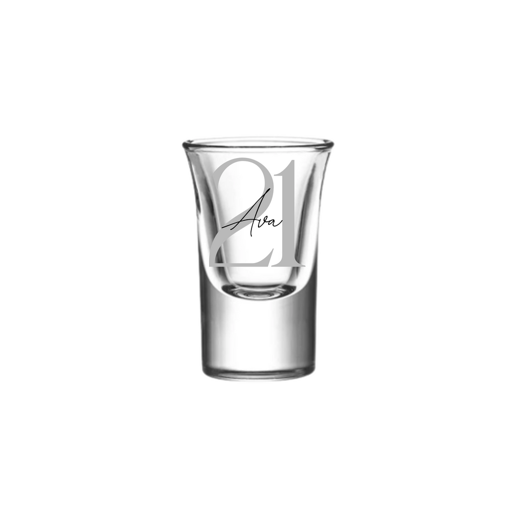 Personalised 25ml shot glass with grey number 21 and name Ava, custom 21st birthday gift for her or him, handmade personalised gift Australia