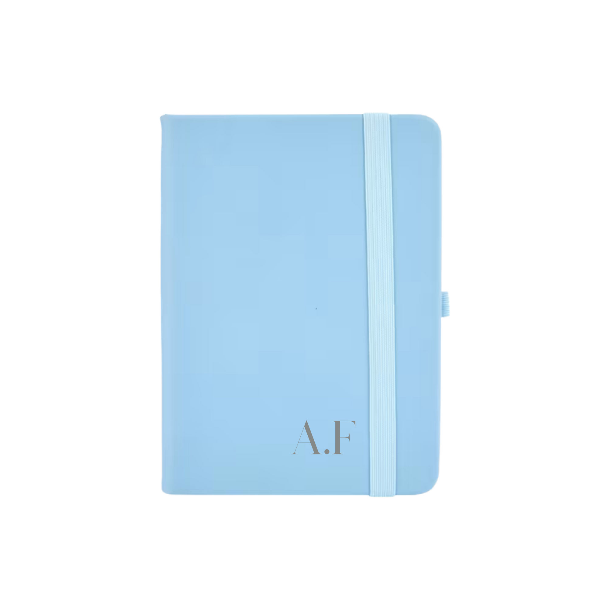 Personalised blue vegan leather A6 notebook featuring initials A.F printed in grey on the cover.