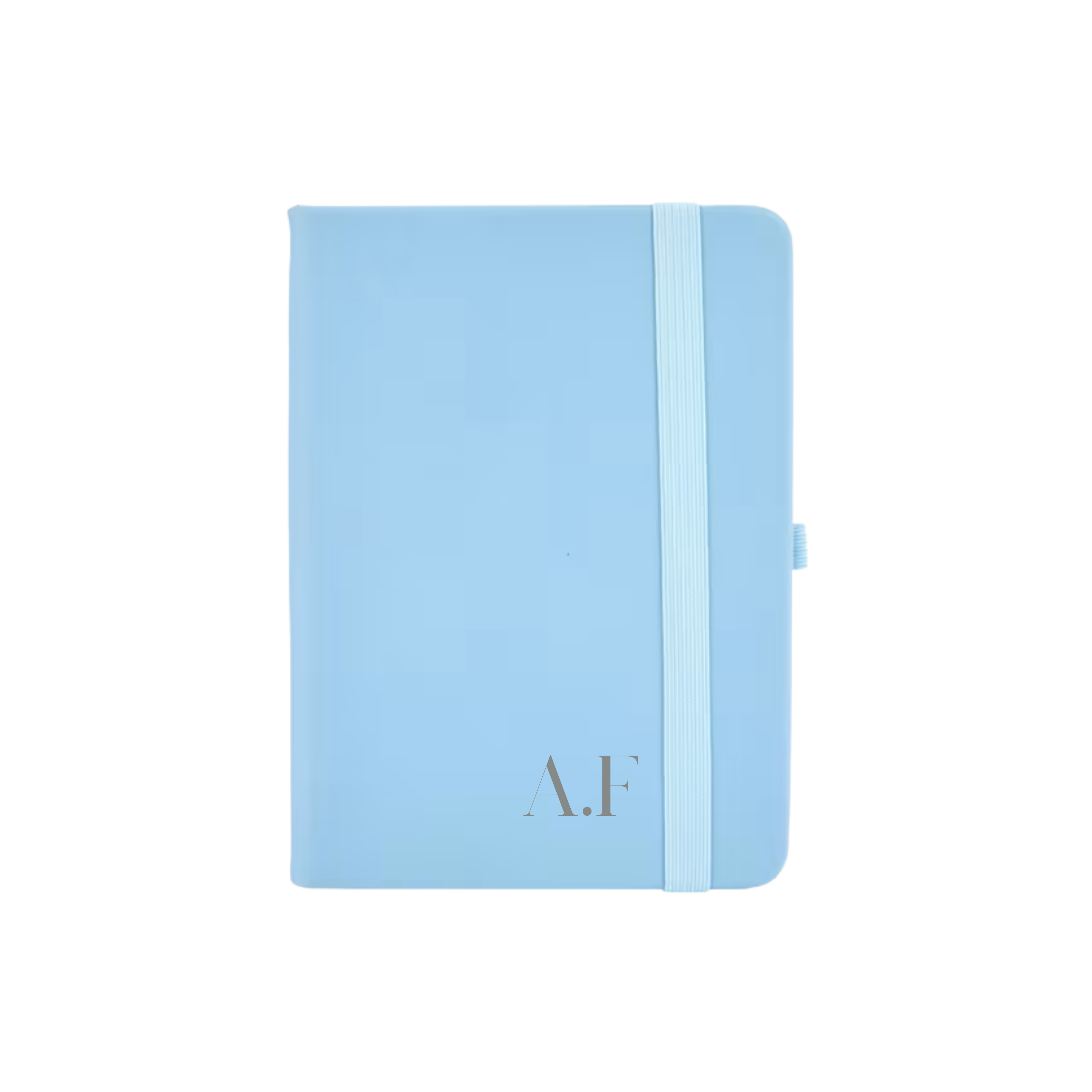 Personalised blue vegan leather A6 notebook featuring initials A.F printed in grey on the cover.
