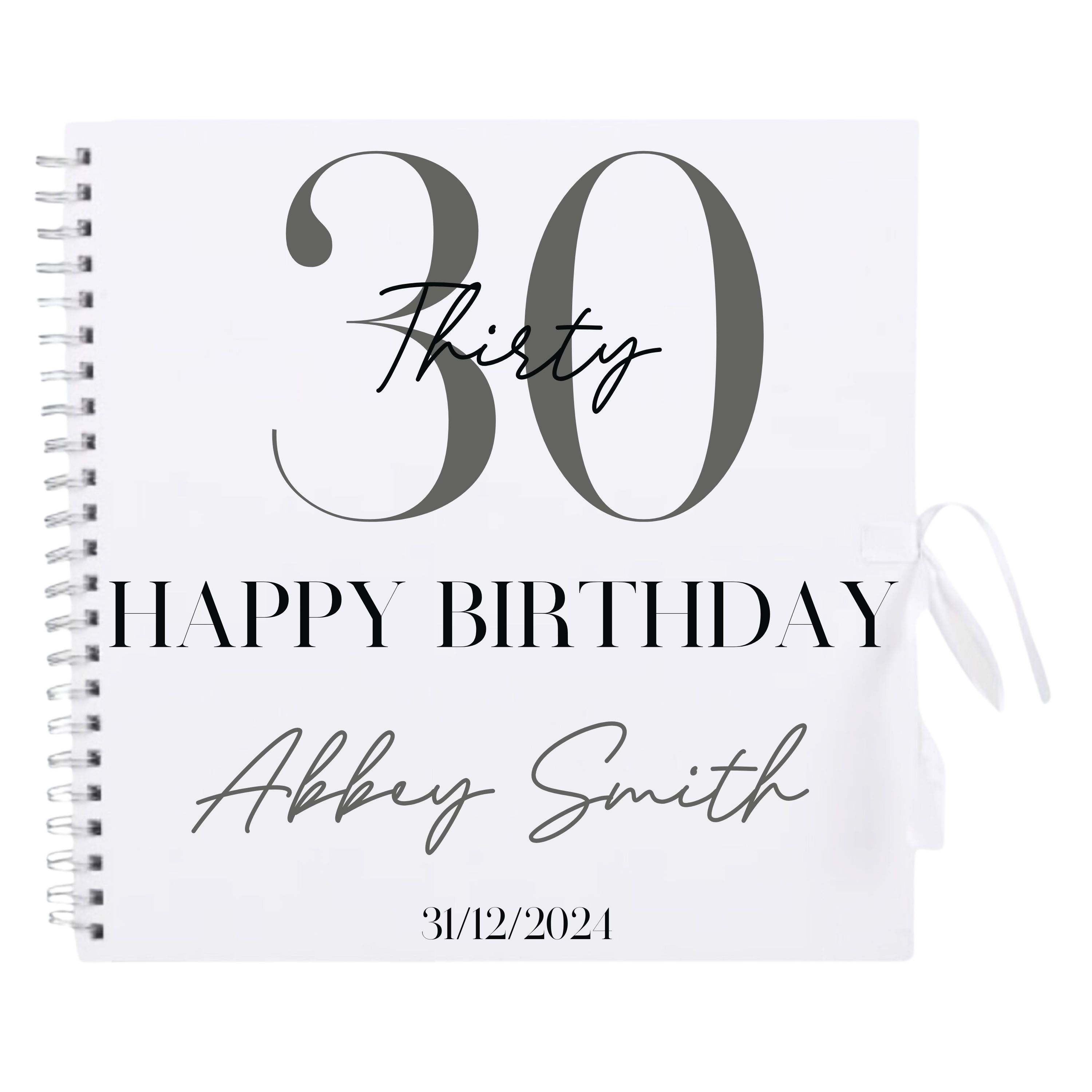 Personalised 30th birthday scrapbook album in white cover with gunmetal detailing and custom name