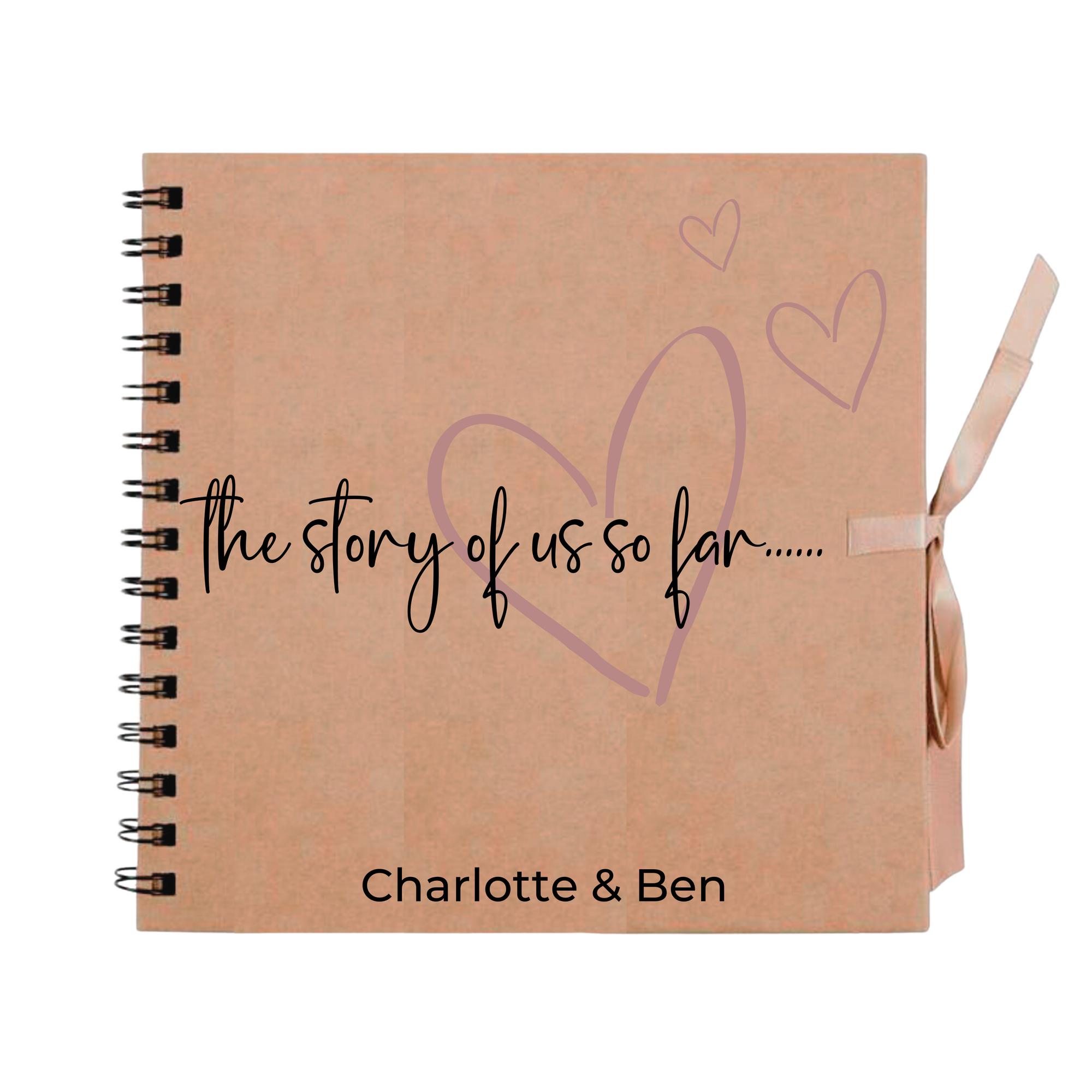 Kraft brown personalised scrapbook with rose gold heart and “The story of us” title – ideal couple gift