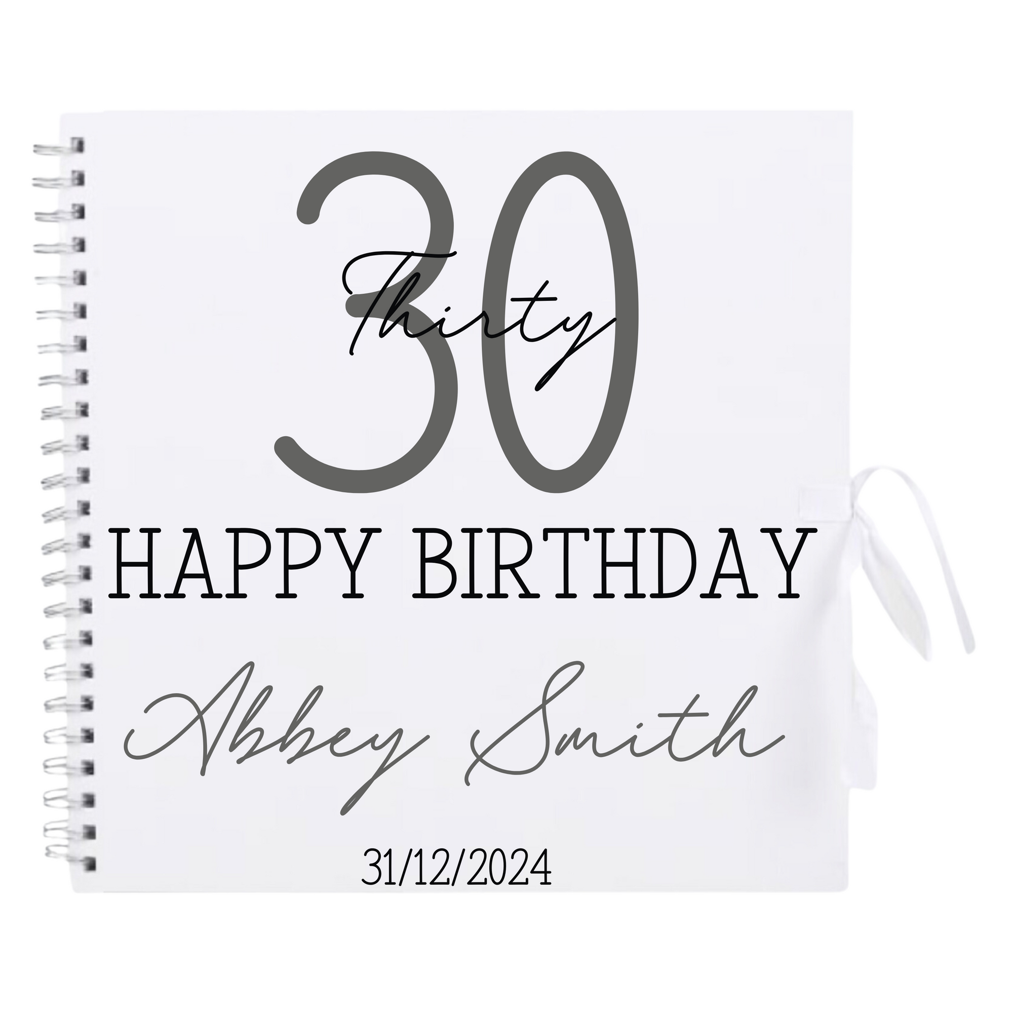 Personalised 30th birthday scrapbook album in white cover with gunmetal detailing and custom name