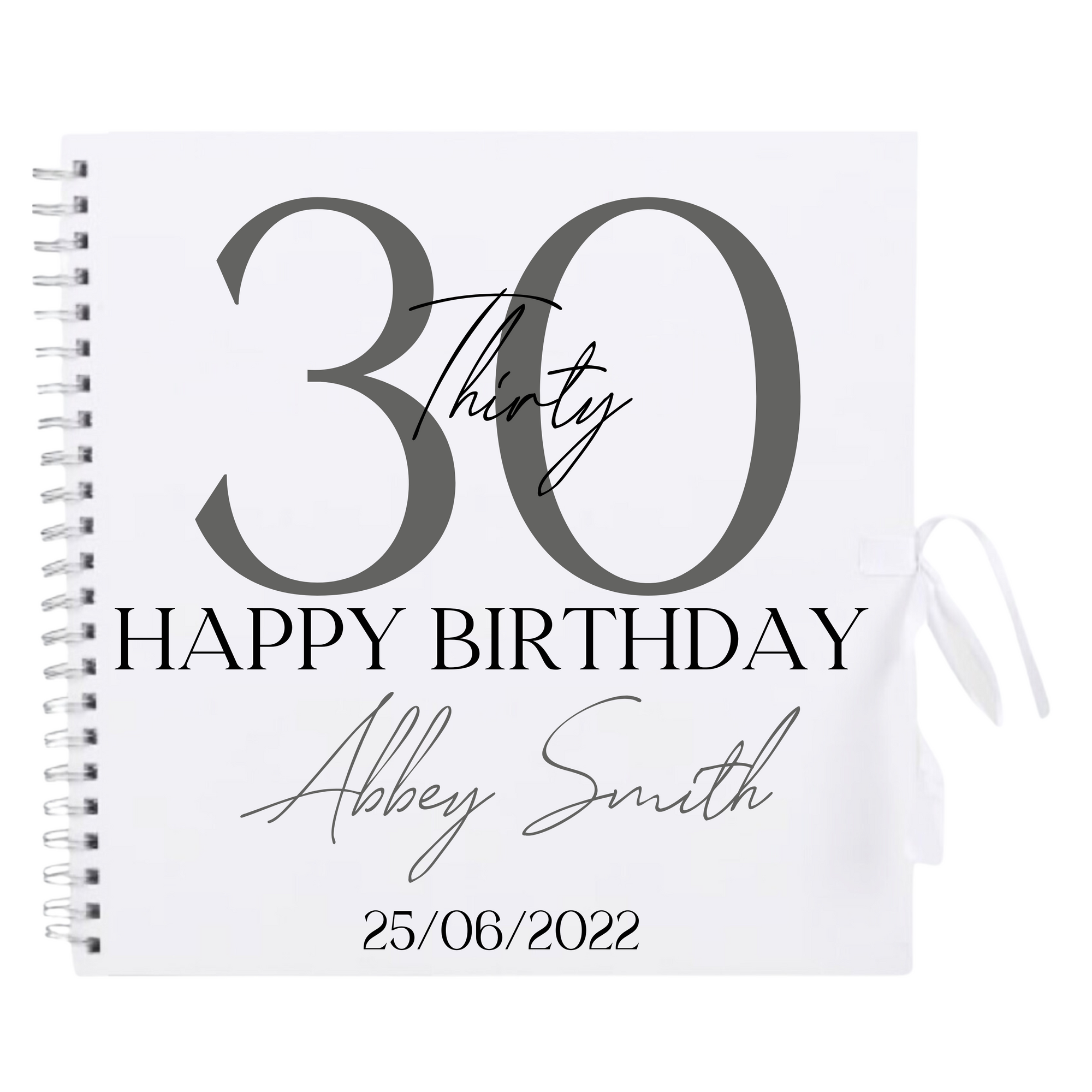 Personalised 30th birthday scrapbook album in white cover with gunmetal detailing and custom name