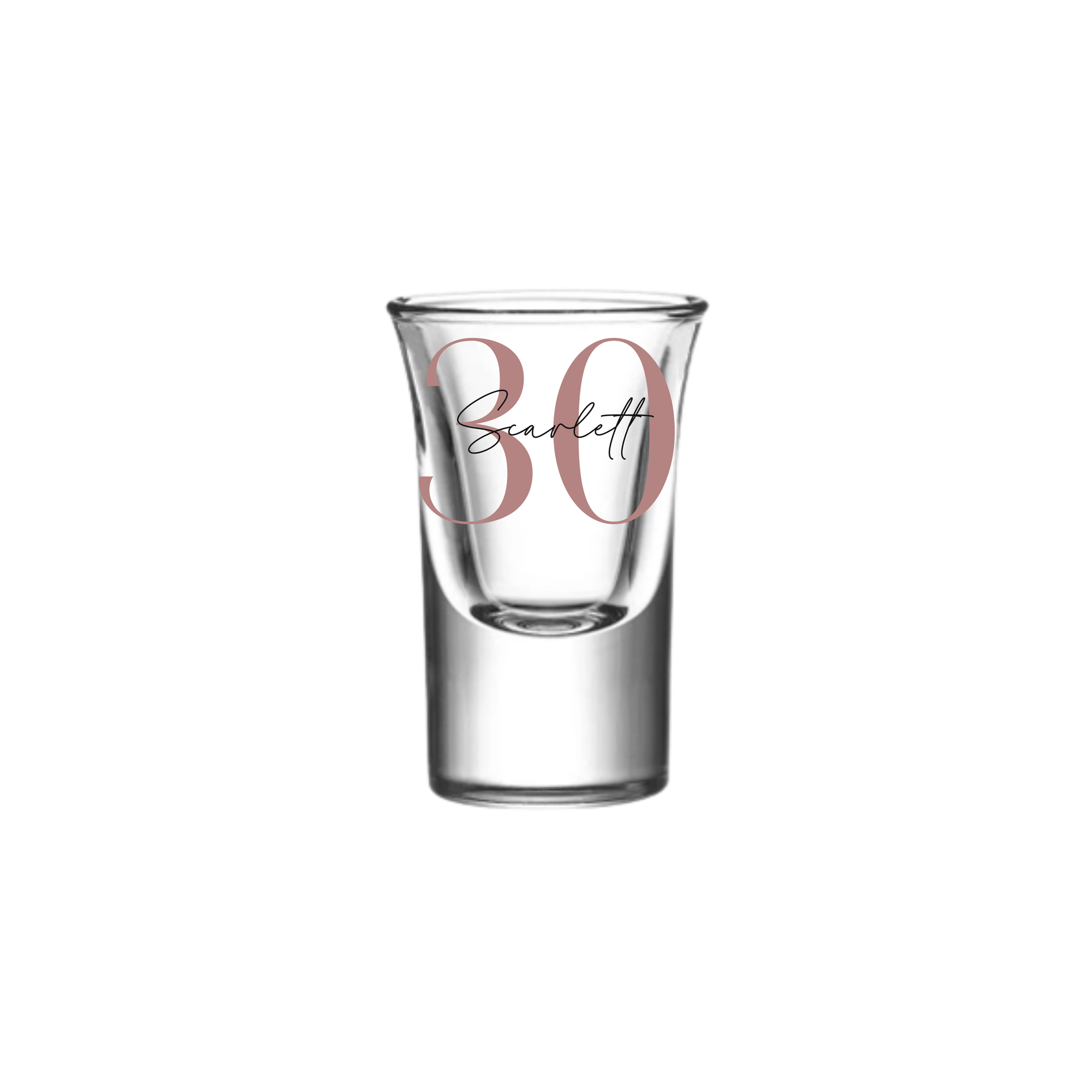  Personalised 25ml shot glass with blush pink number 30 and name Scarlett, custom 30th birthday gift for her or him, unique milestone personalised gift Australia