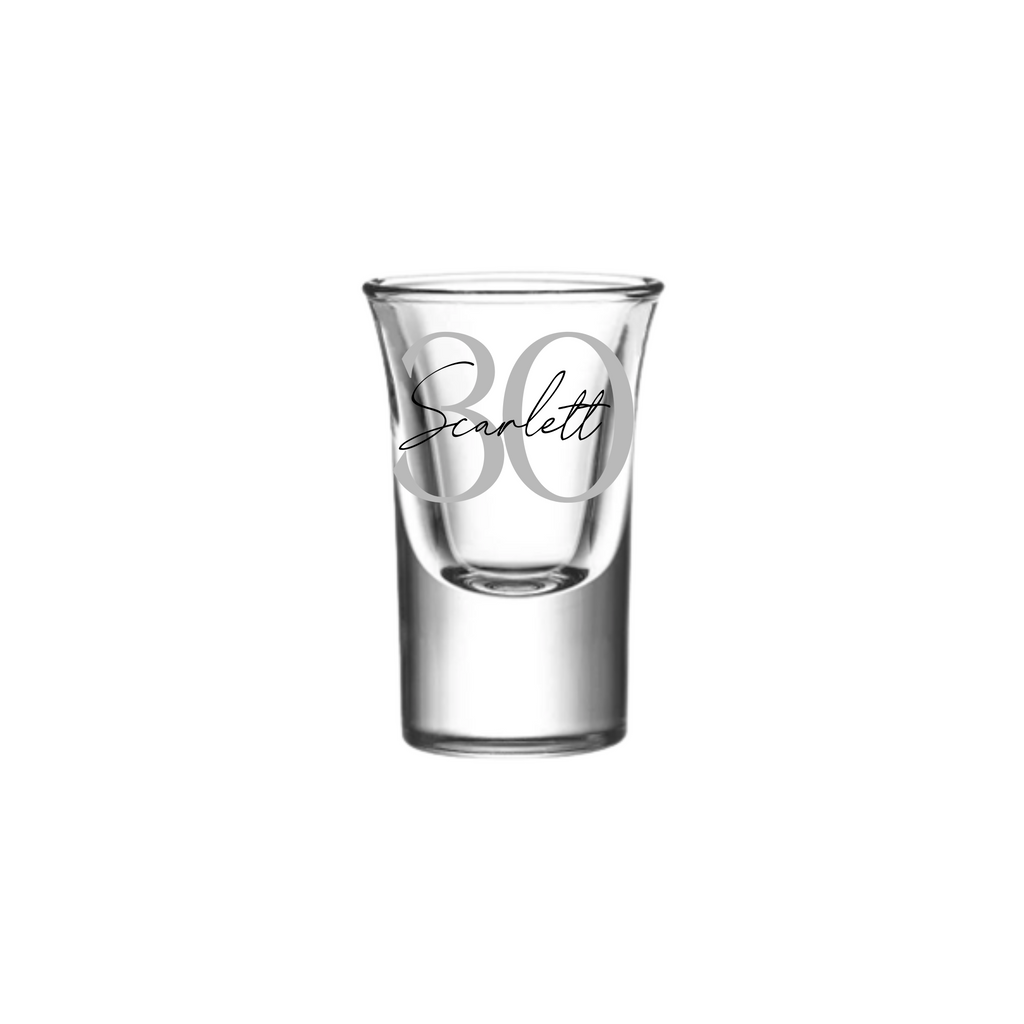 Personalised 25ml shot glass with silver number 30 and name Scarlett, custom 30th birthday gift for her or him, unique milestone personalised gift Australia