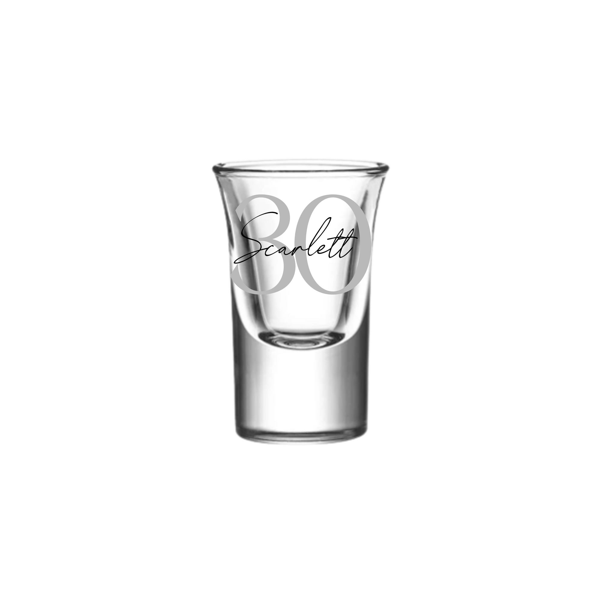 Personalised 25ml shot glass with silver number 30 and name Scarlett, custom 30th birthday gift for her or him, unique milestone personalised gift Australia