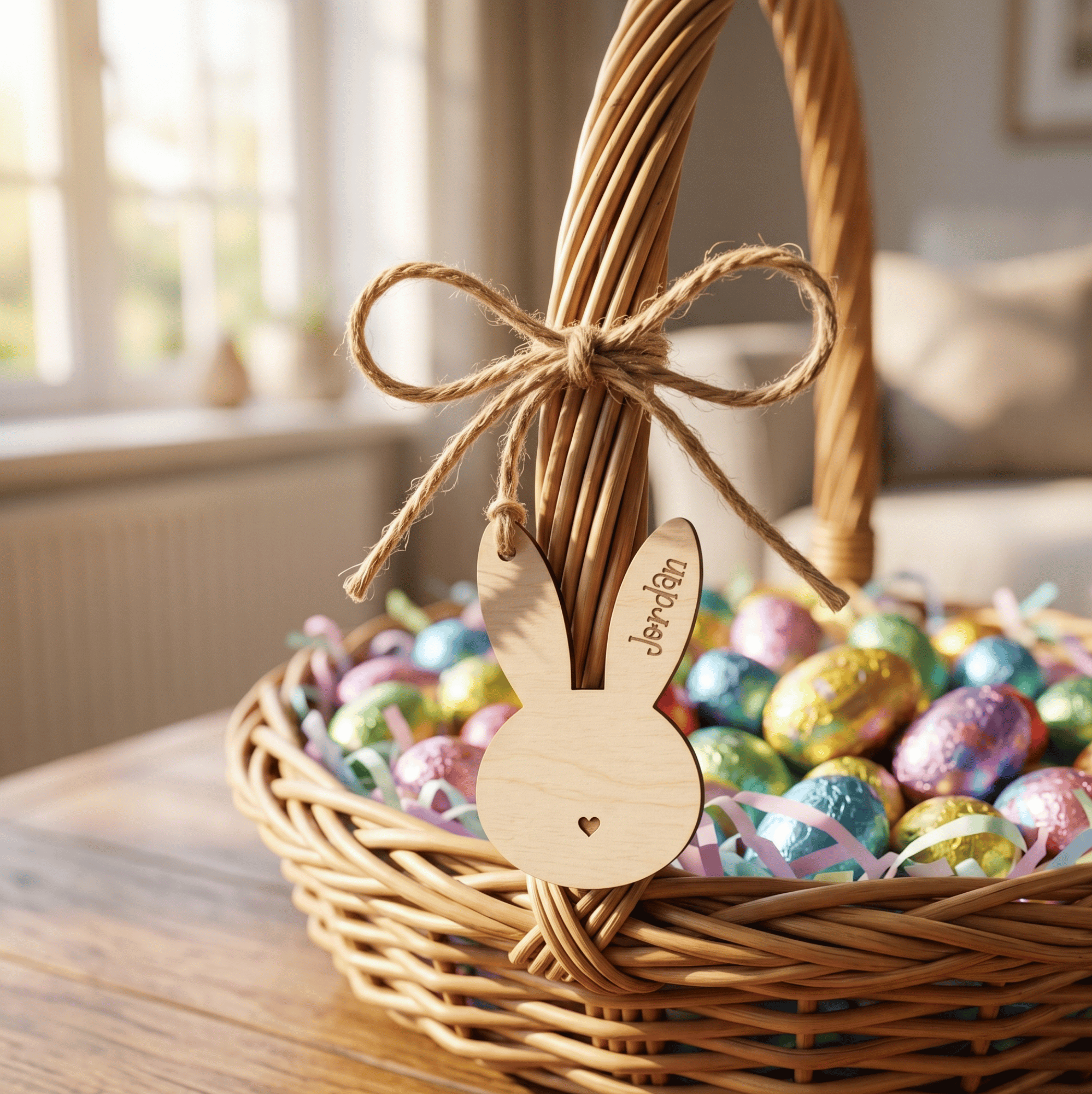 Wicker Easter basket with colorful eggs and a wooden bunny tag on a table.