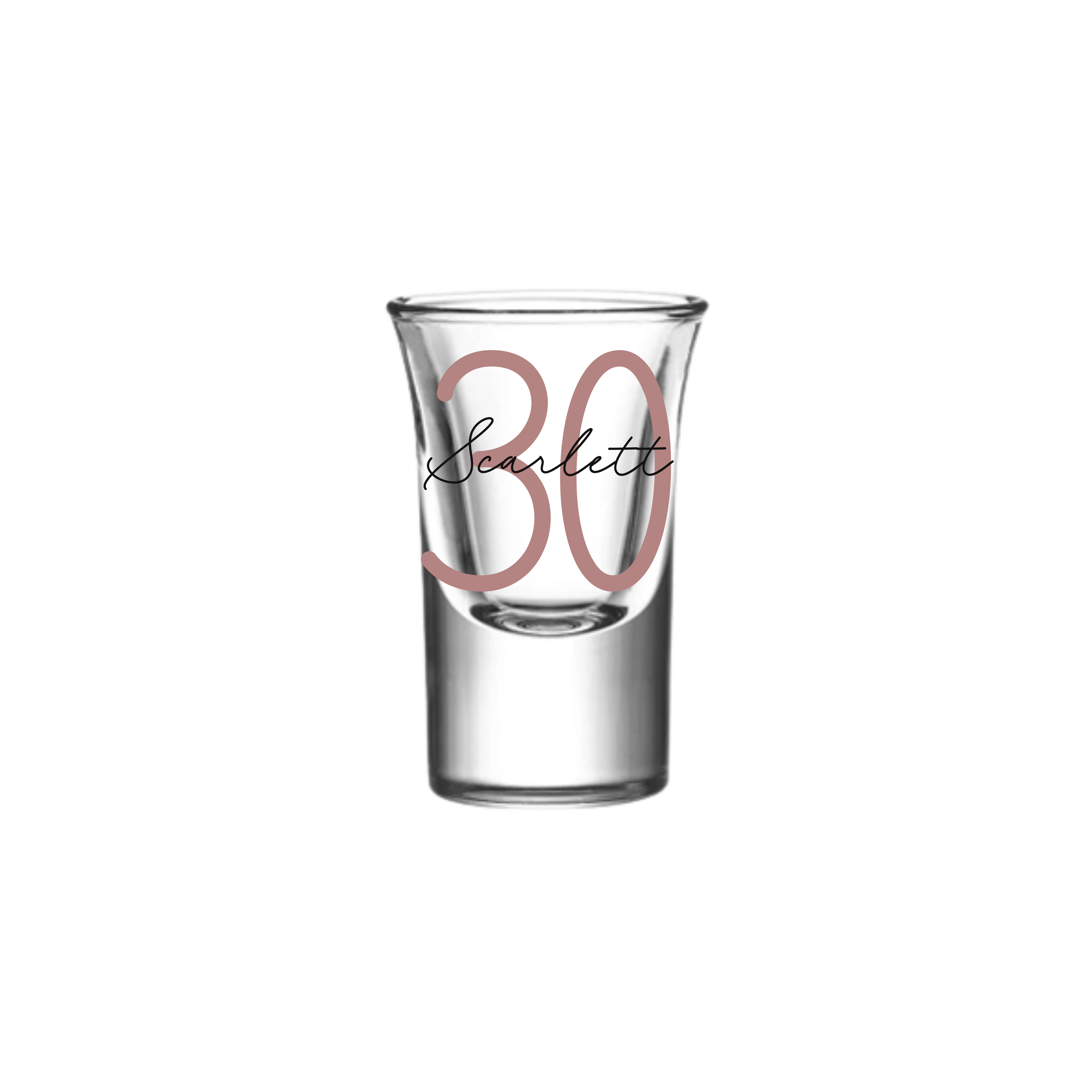  Personalised 25ml shot glass with rose gold number 30 and name Scarlett, custom 30th birthday gift for her or him, unique milestone personalised gift Australia