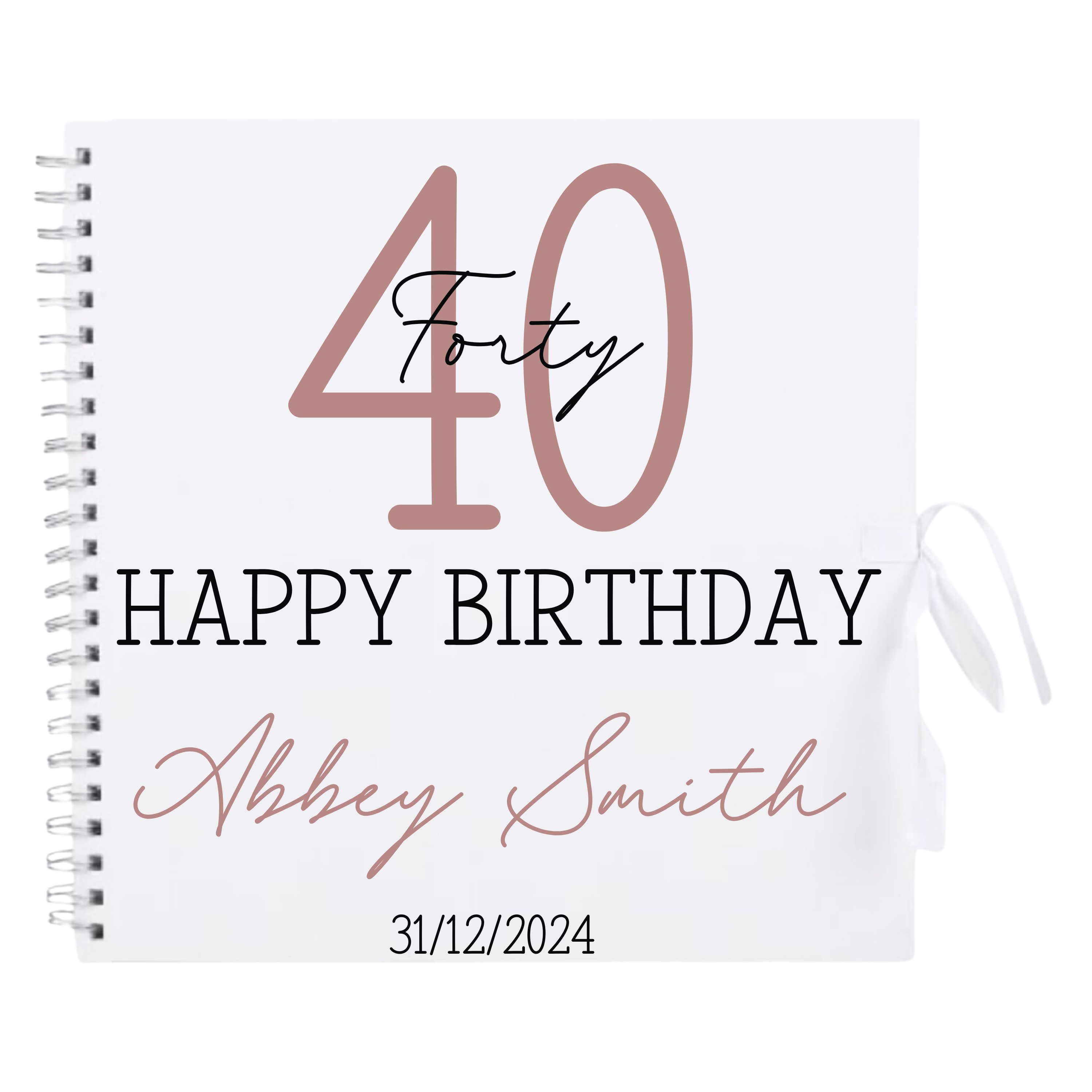 Personalised 40th birthday scrapbook album in white cover with rose gold detailing and custom name