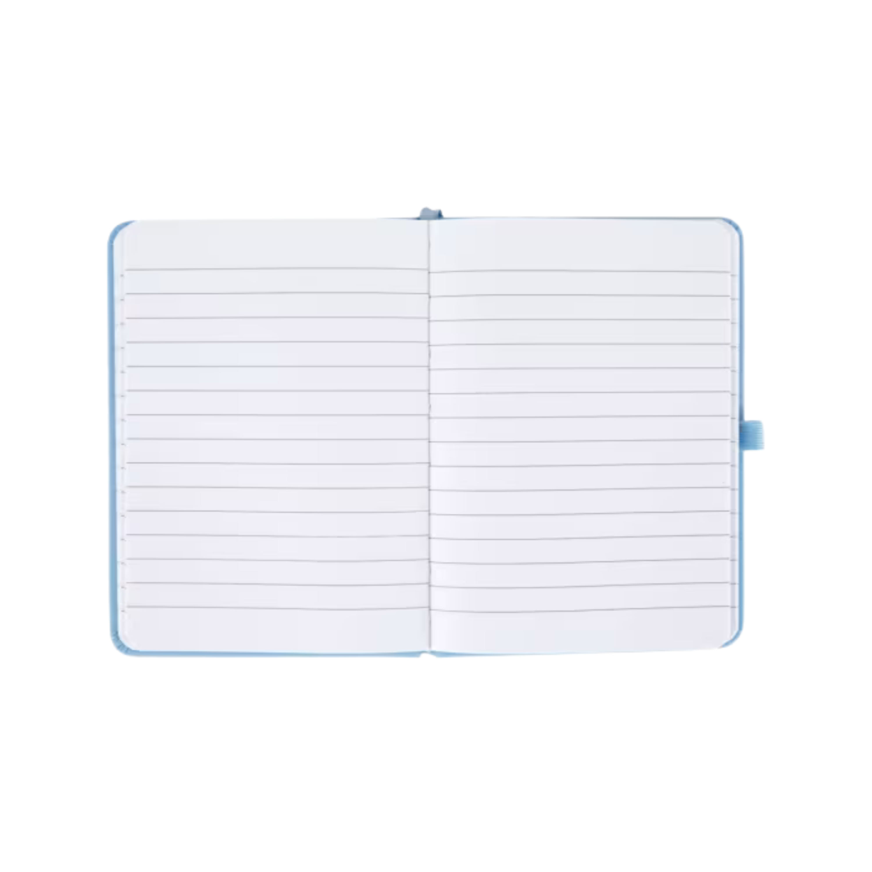 Interior view of blue A6 personalised notebook with lined pages and hard cover.