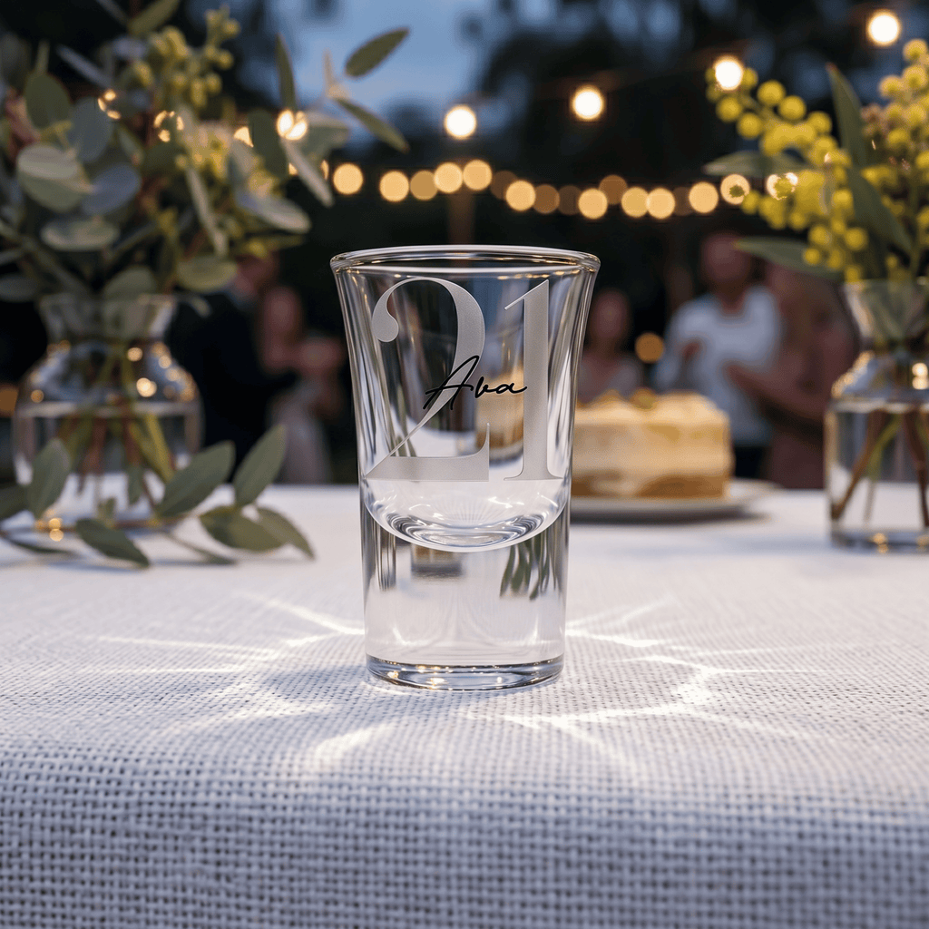 Clear glass with engraved text on a table with blurred background of people and lights
