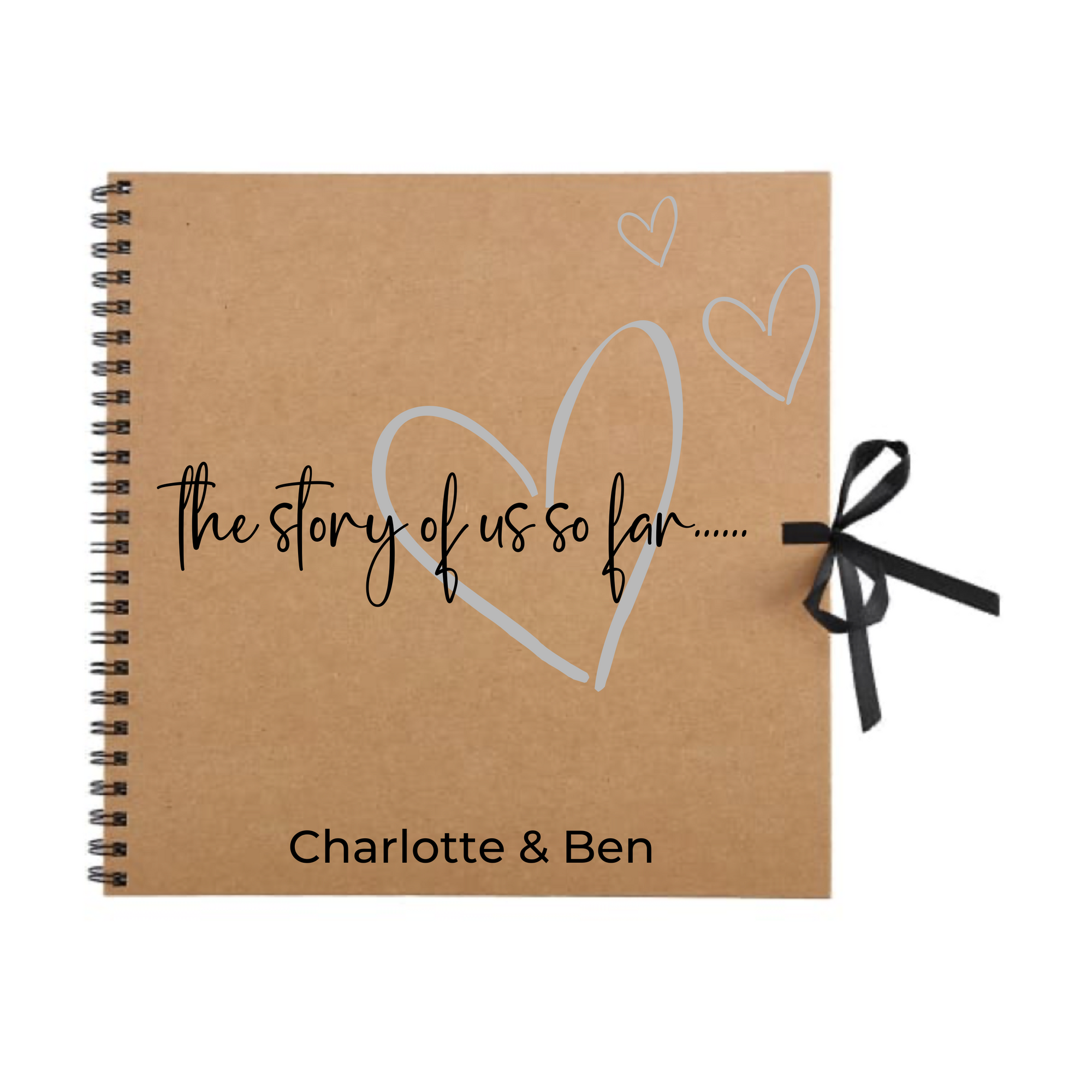  Kraft brown personalised scrapbook with silver hearts and “The story of us” title – ideal couple gift