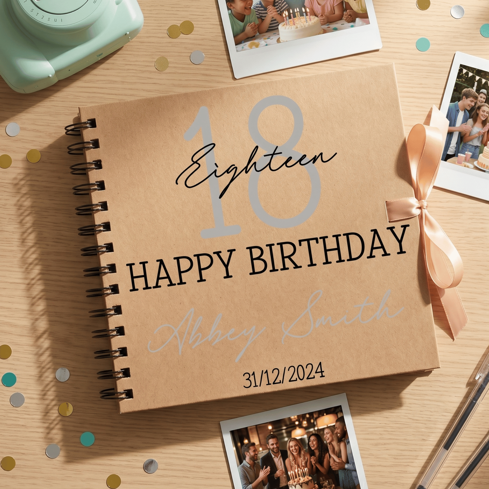 Personalised birthday album with photos on a wooden surface
