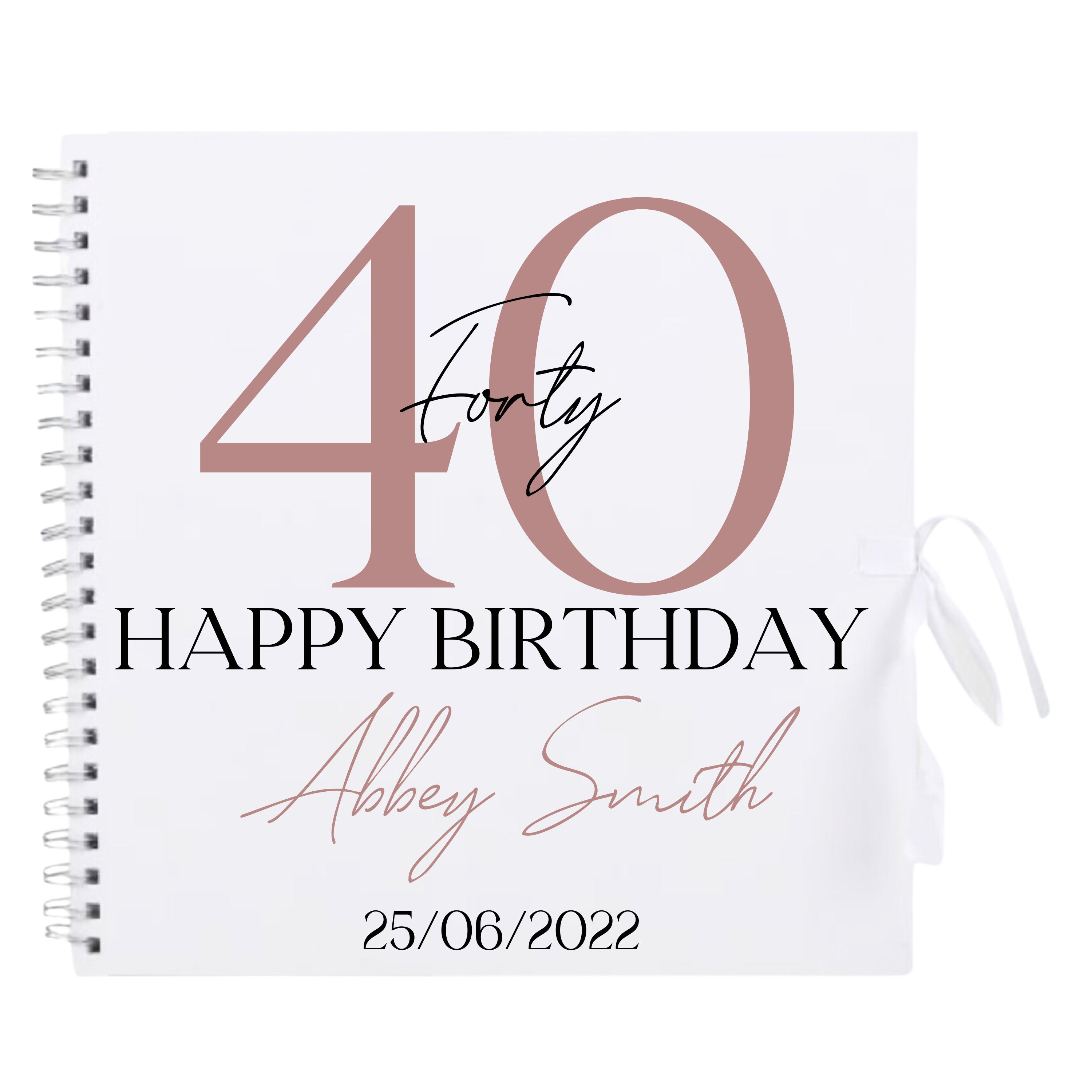 Personalised 40th birthday scrapbook album in white cover with rose gold detailing and custom name