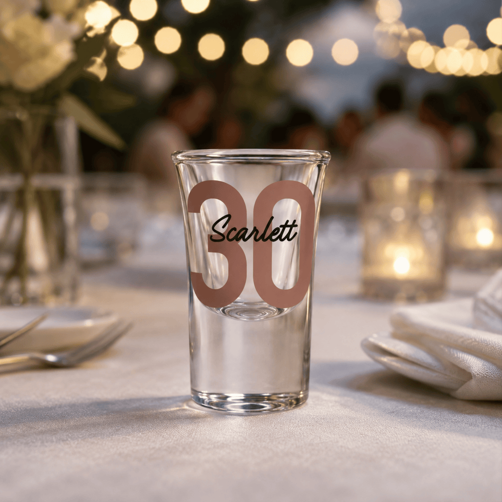Clear glass with 'Scarlett 30' printed on it on a table setting with blurred background