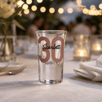 Clear glass with 'Scarlett 30' printed on it on a table setting with blurred background