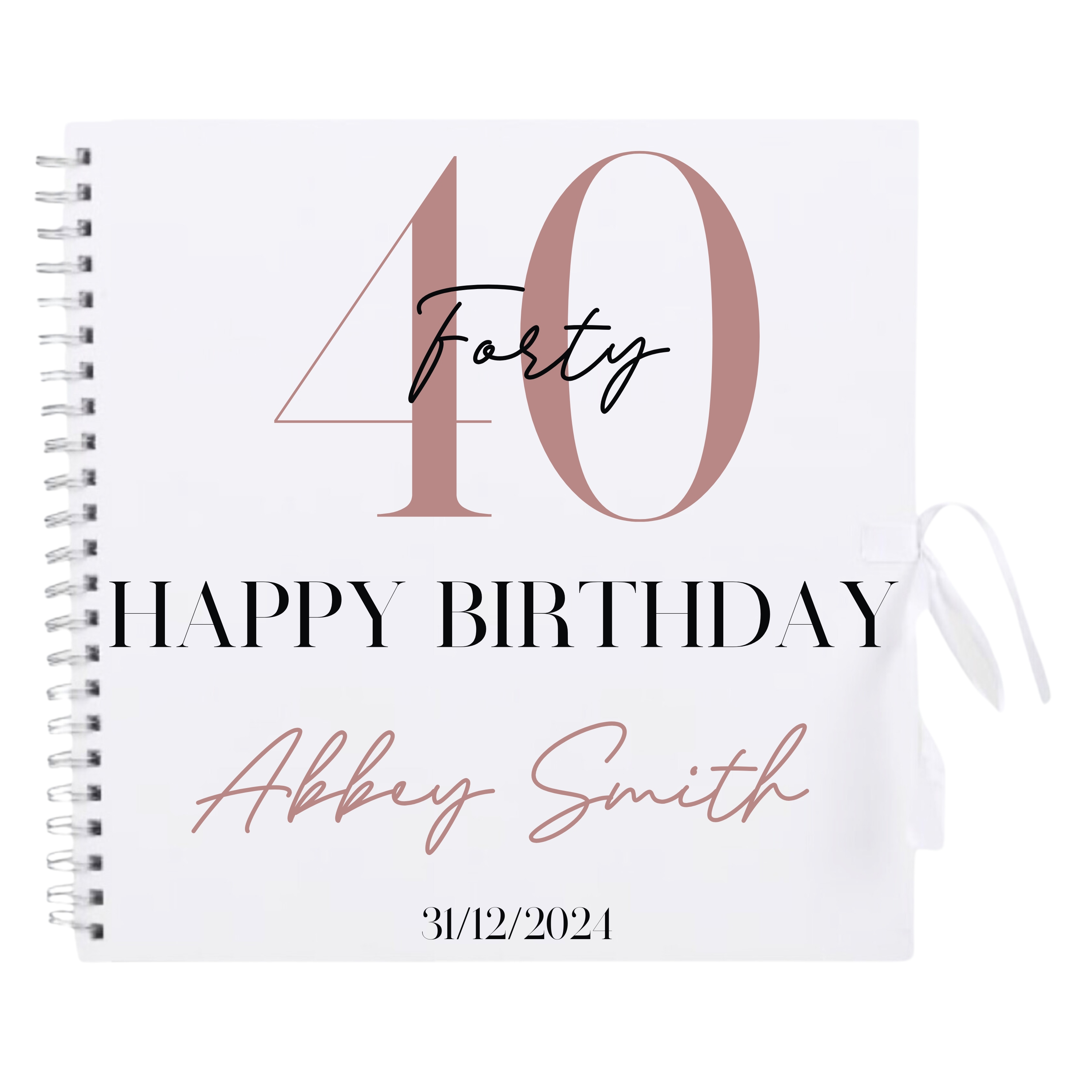 Personalised 40th birthday scrapbook album in white cover with rose gold detailing and custom name