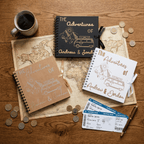 Personalised travel albums and maps on a wooden surface with coins and a cup.
