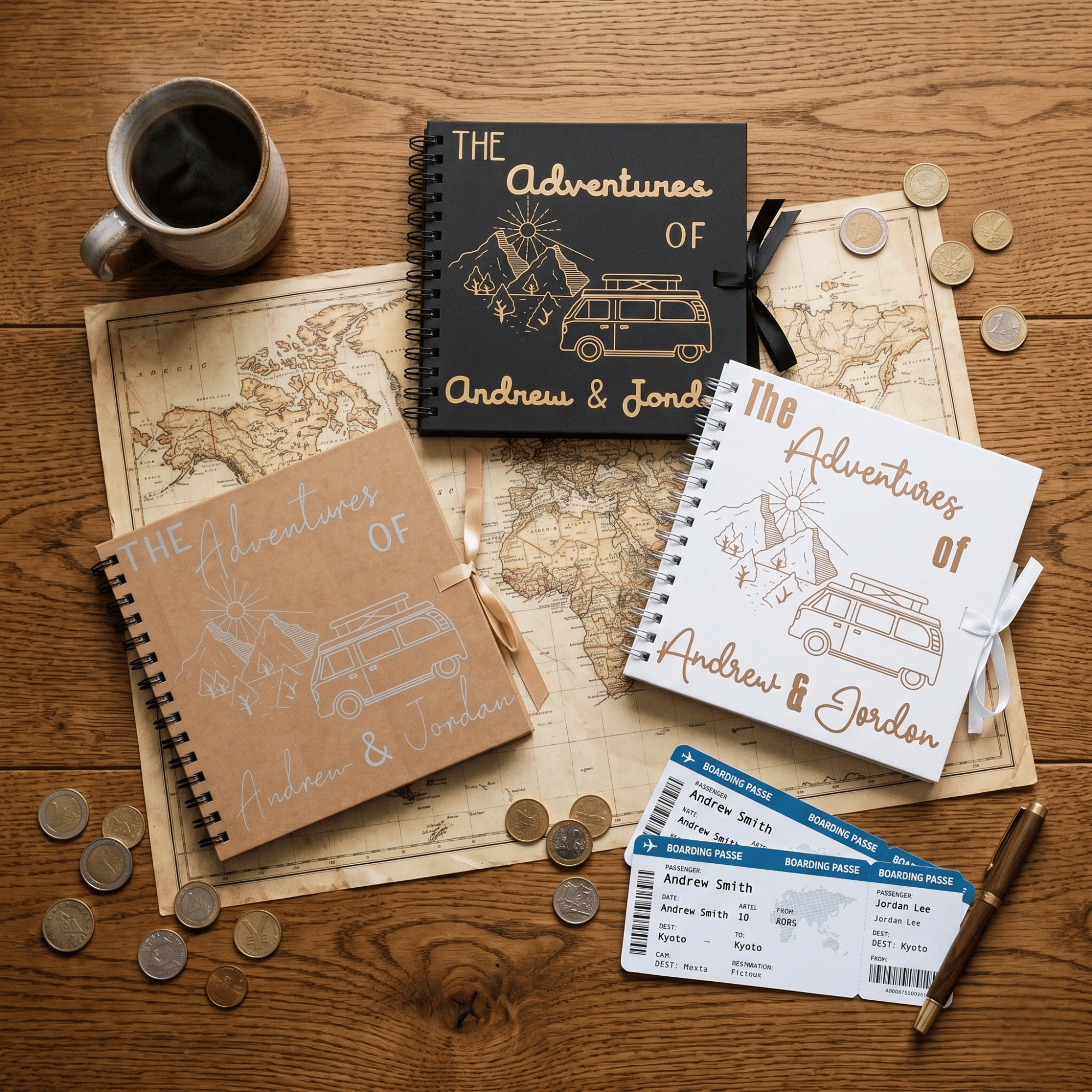 Personalised travel albums and maps on a wooden surface with coins and a cup.