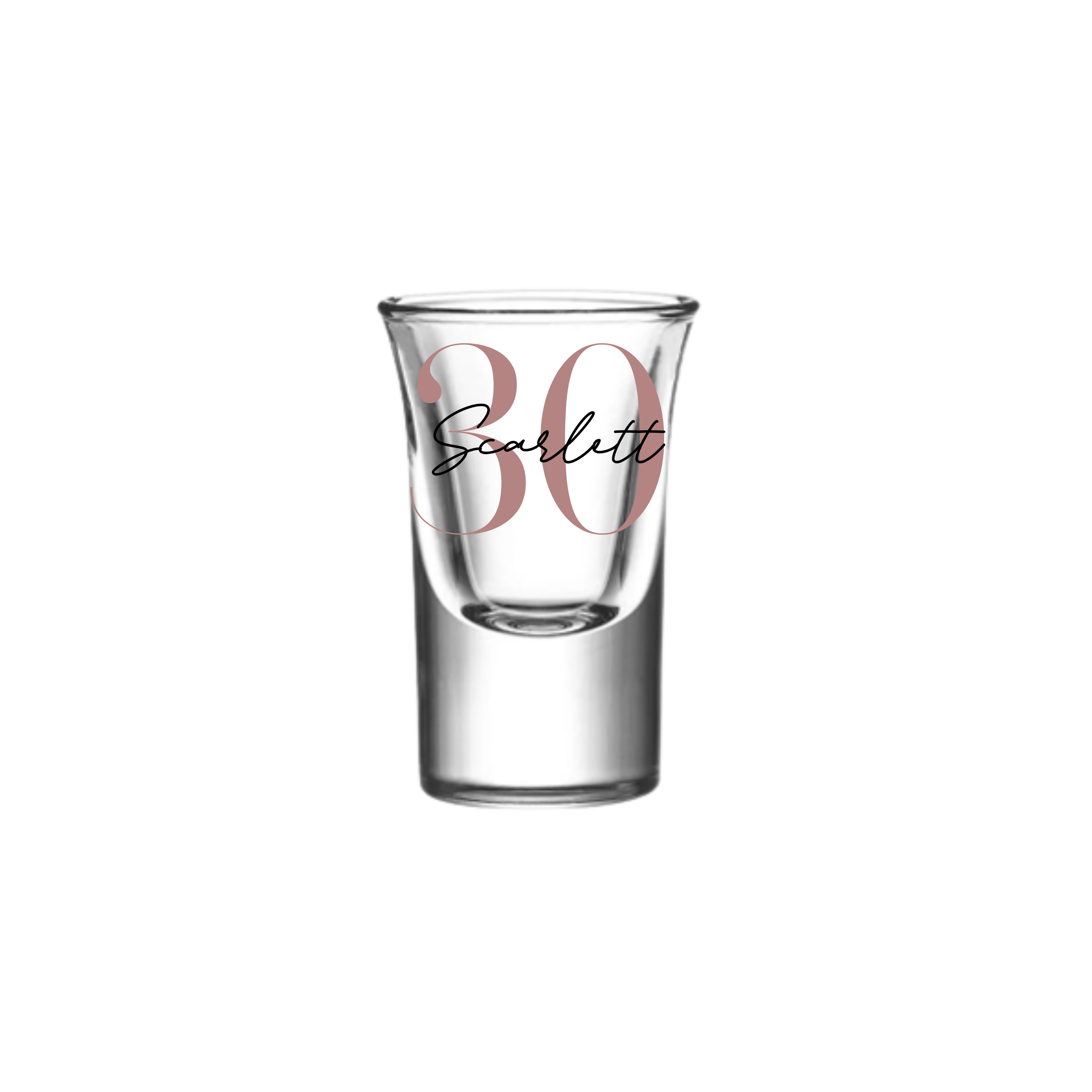  Personalised 25ml shot glass with blush pink number 30 and name Scarlett, custom 30th birthday gift for her or him, unique milestone personalised gift Australia