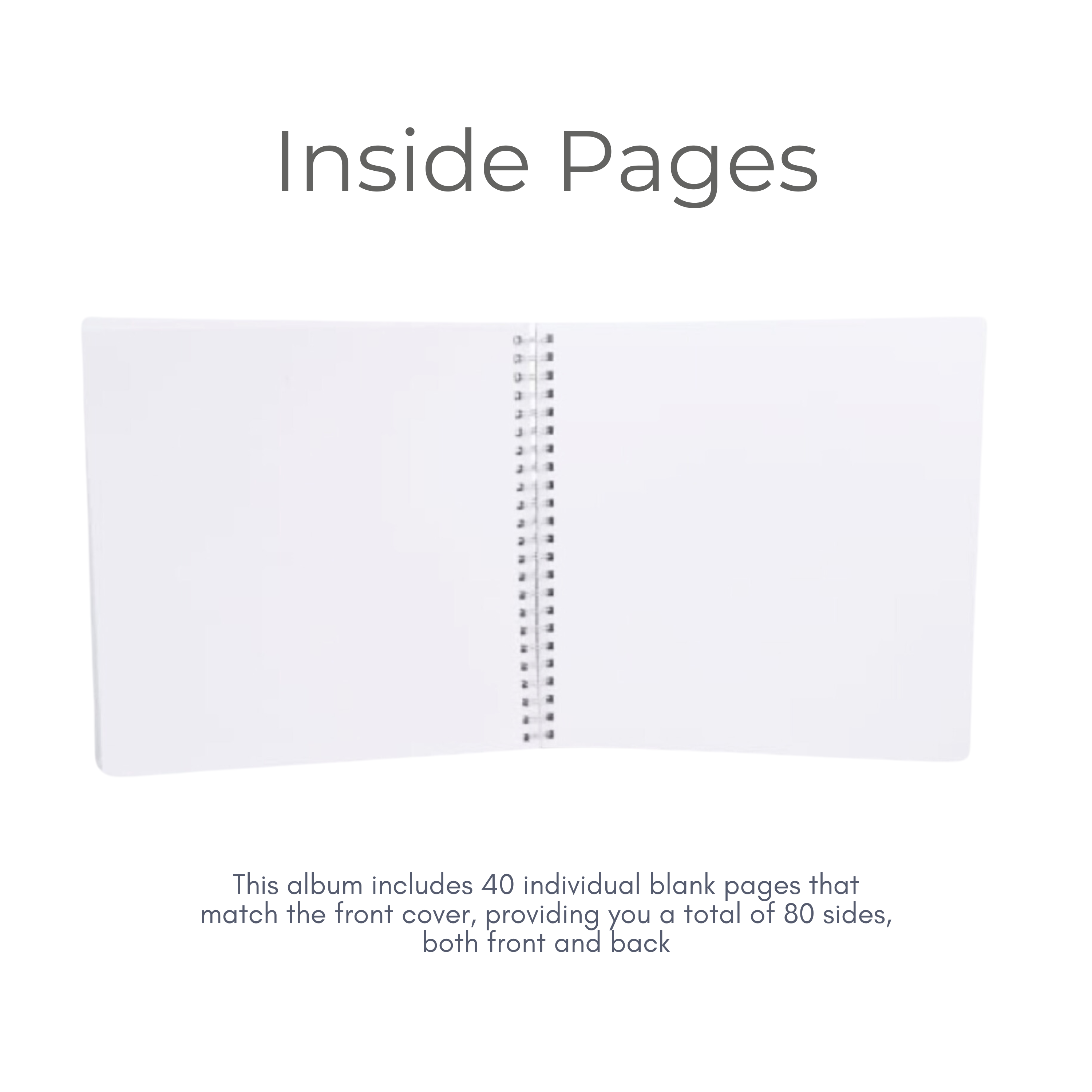 Inside pages of scrapbook album showing 40 blank white pages for custom messages and photos