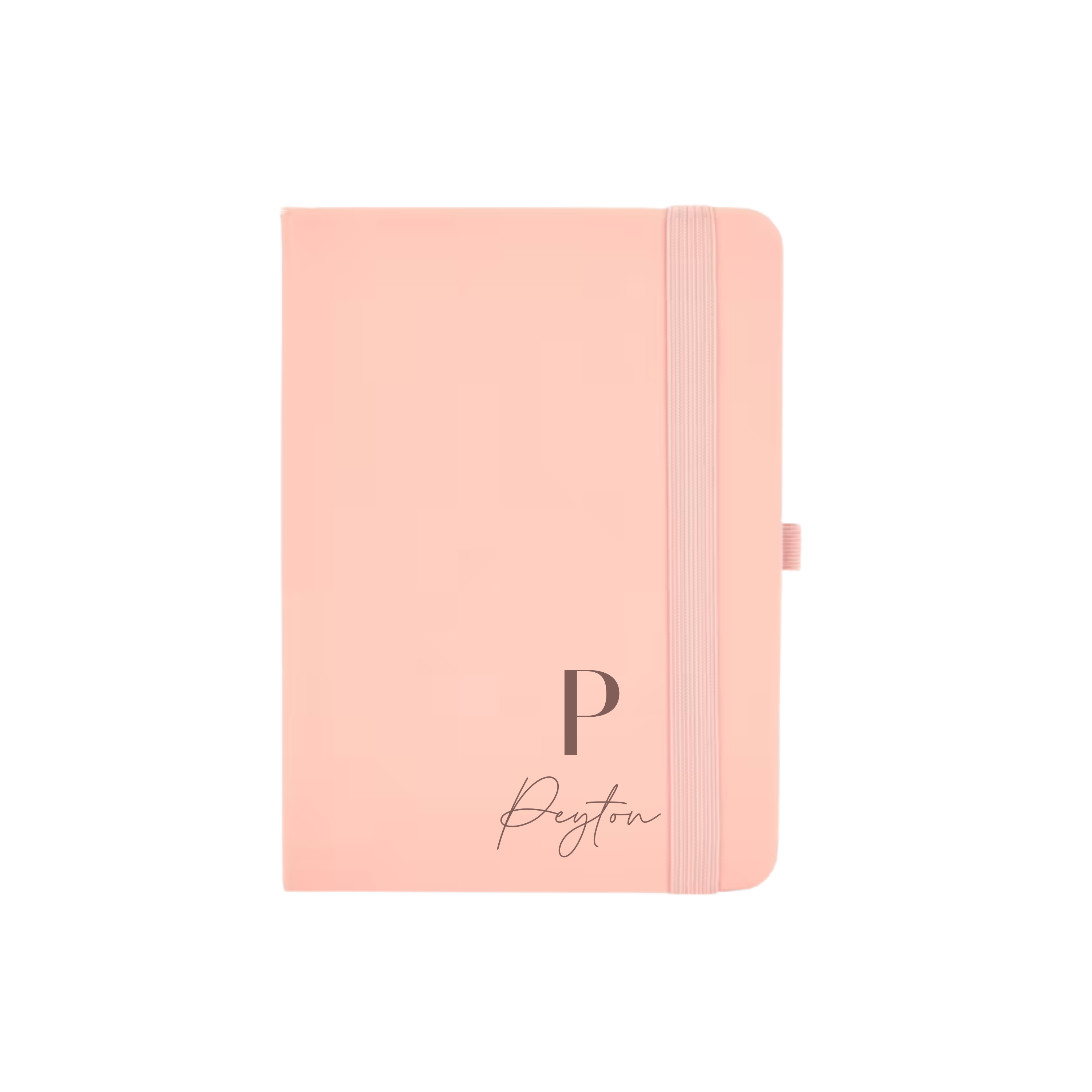 Peach A6 vegan leather notebook personalised with initial P and name Peyton in elegant font.