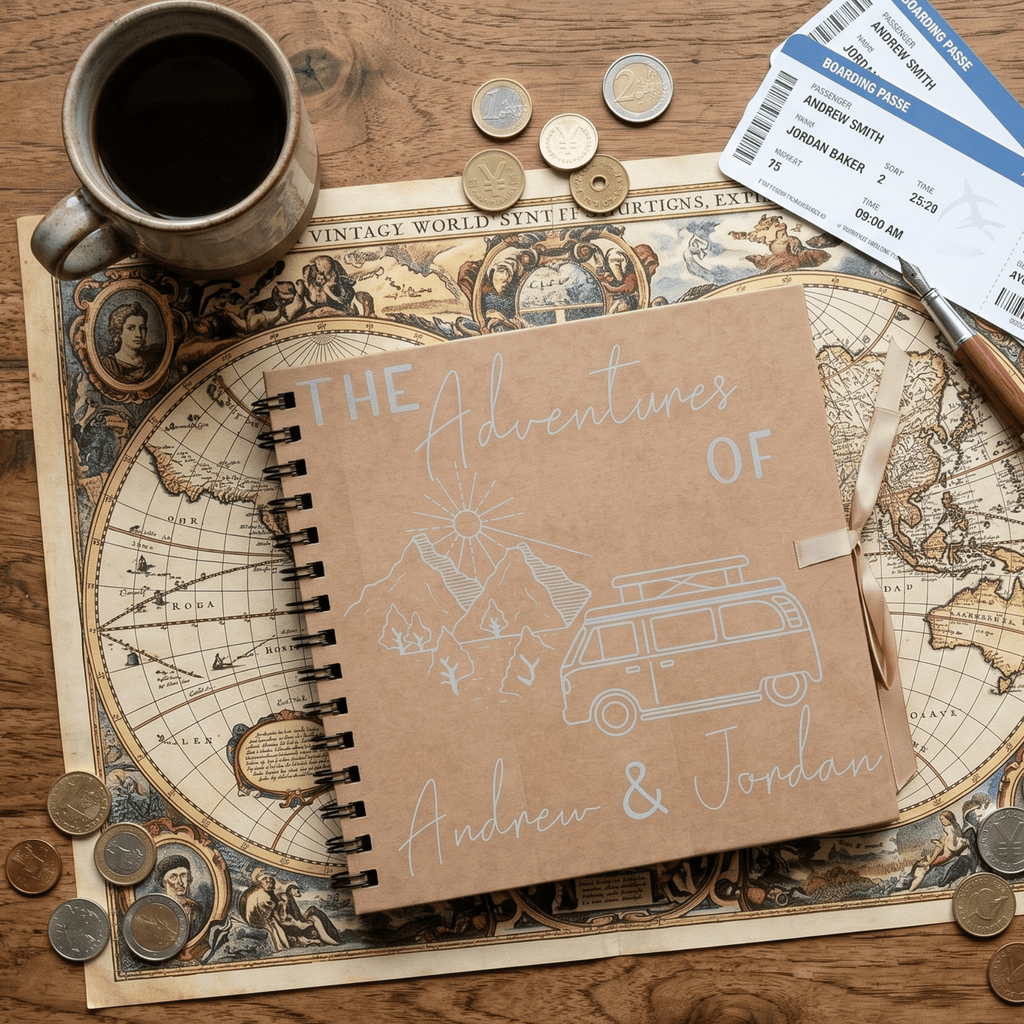 Album titled 'The Adventures of Andrew & Jordan' on a world map with coins and a mug.