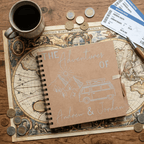 Album titled 'The Adventures of Andrew & Jordan' on a world map with coins and a mug.