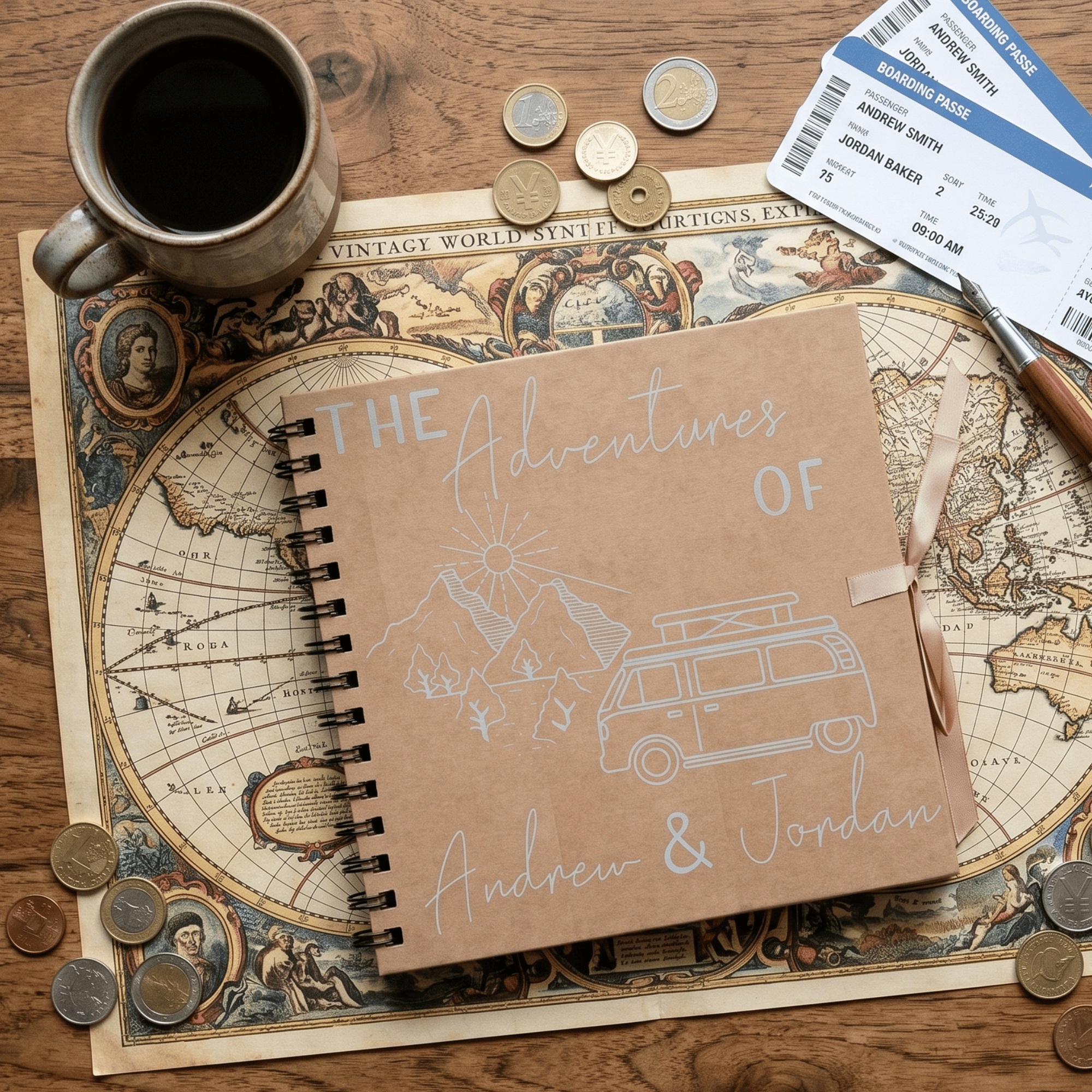 Album titled 'The Adventures of Andrew & Jordan' on a world map with coins and a mug.