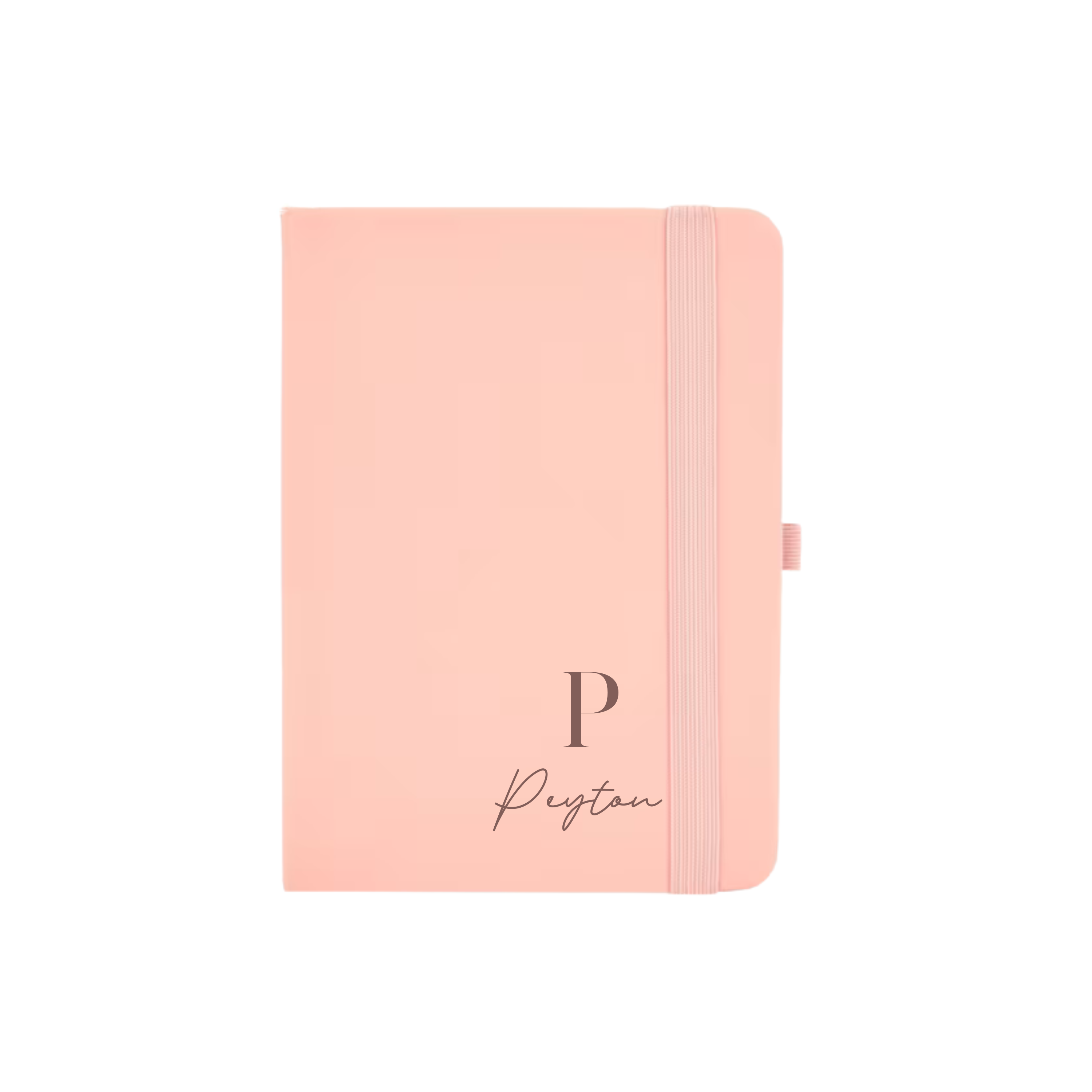 Peach A6 vegan leather notebook personalised with initial P and name Peyton in elegant font.