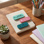 Colorful name tags on a notebook with a mug of pens and a plant on a wooden surface.