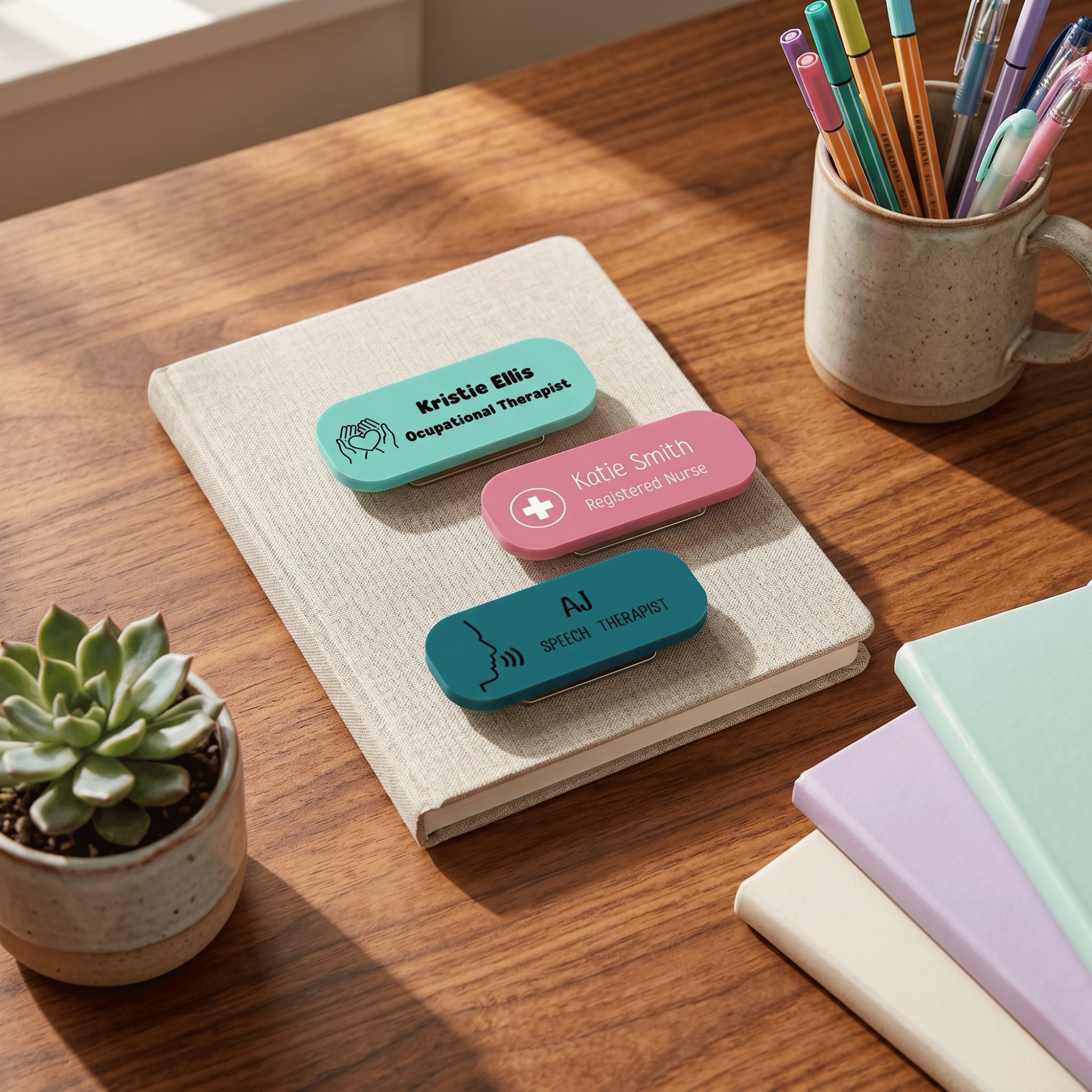 Colorful name tags on a notebook with a mug of pens and a plant on a wooden surface.