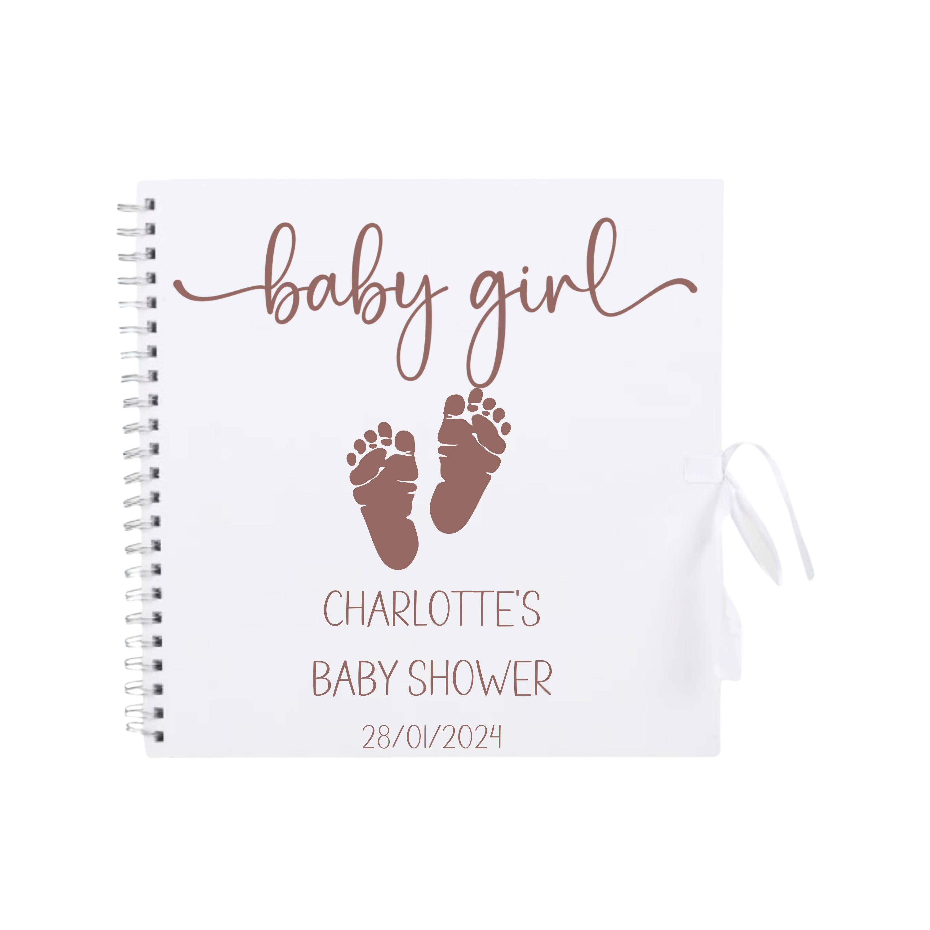 white album  featuring "baby girl" in script with rose gold baby footprints – personalised for Charlotte’s baby shower.