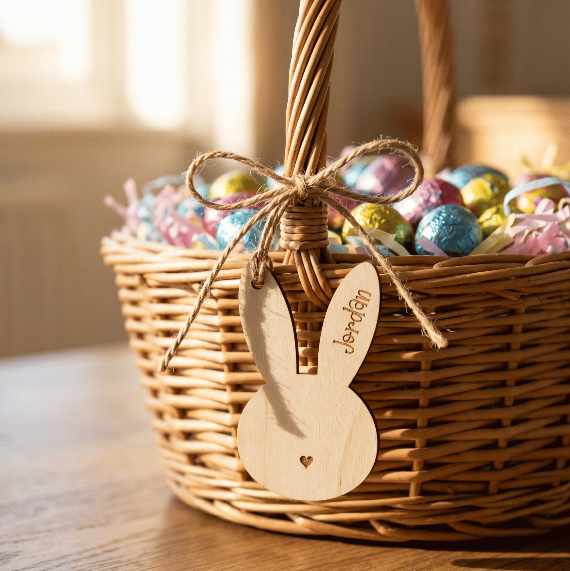 Wicker Easter basket with colorful eggs and a wooden bunny tag on a wooden surface.